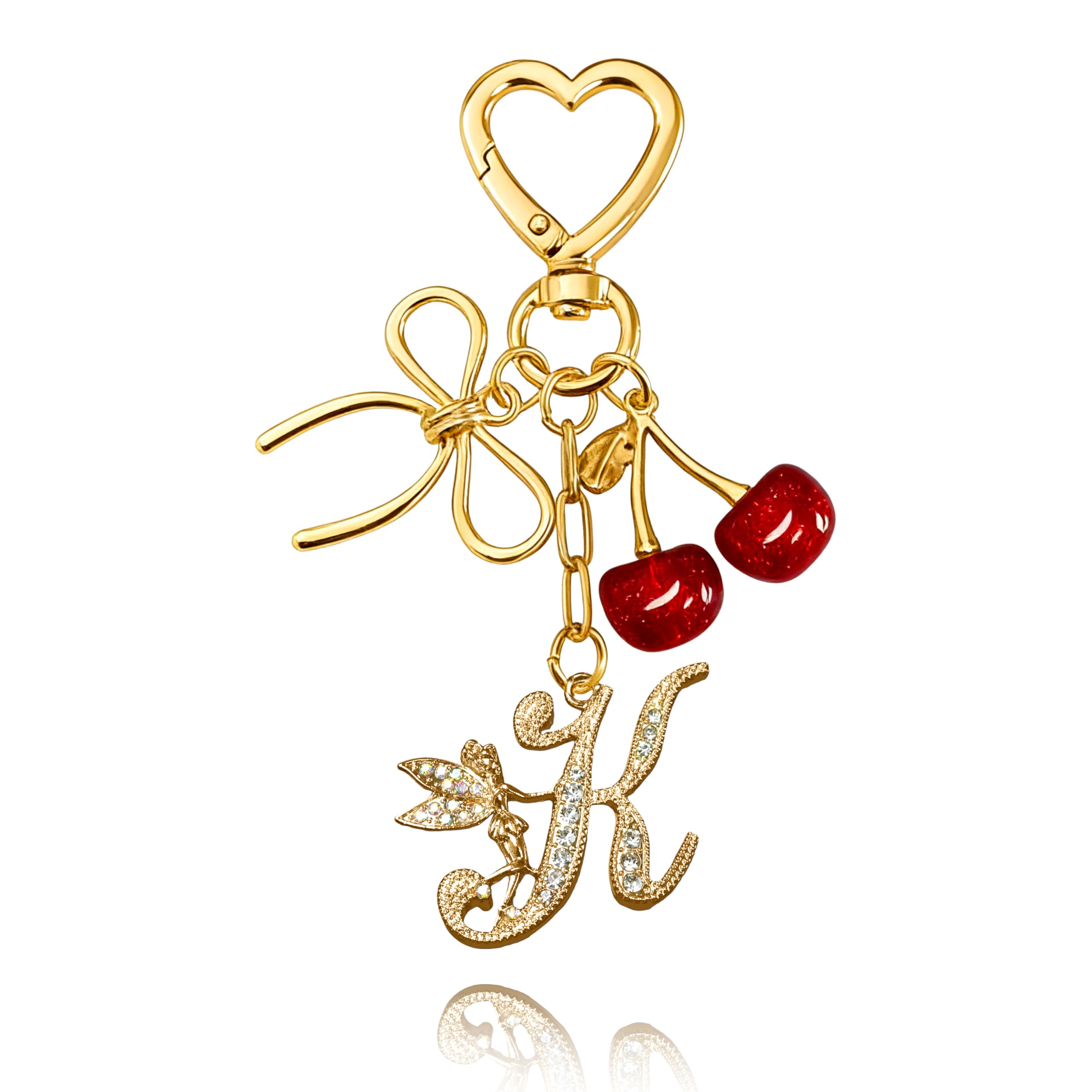 JINGSEN Initial Keychain with Bow and Cherry,Gold Letter Bag Charms for Women,Cute Purse Handbag Accessories