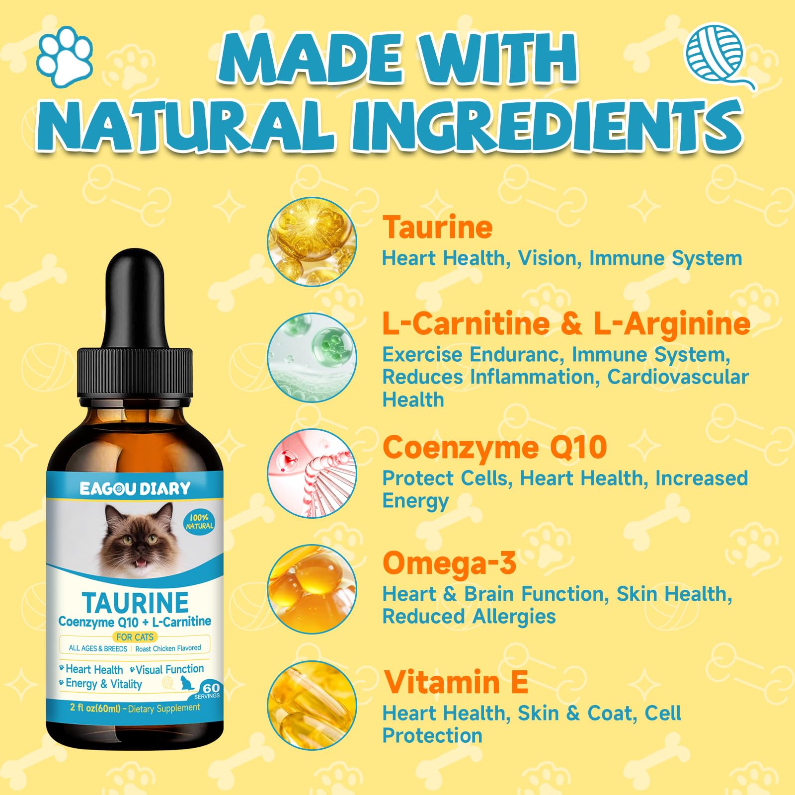 Taurin für Katzen Tropfen - Taurin Ergänzungsmittel für Katzen Unterstützt Felina Herz & Immunfunktion, Sehkraft, Energie & Vitalität L-Carnitin, L-Carnitin, Coenzym Q10, Omega3, L-Arginin, Vitamin | L-Carnitin, L-Arginin, Coenzym Q10, Vitamin, Taurin-Flü