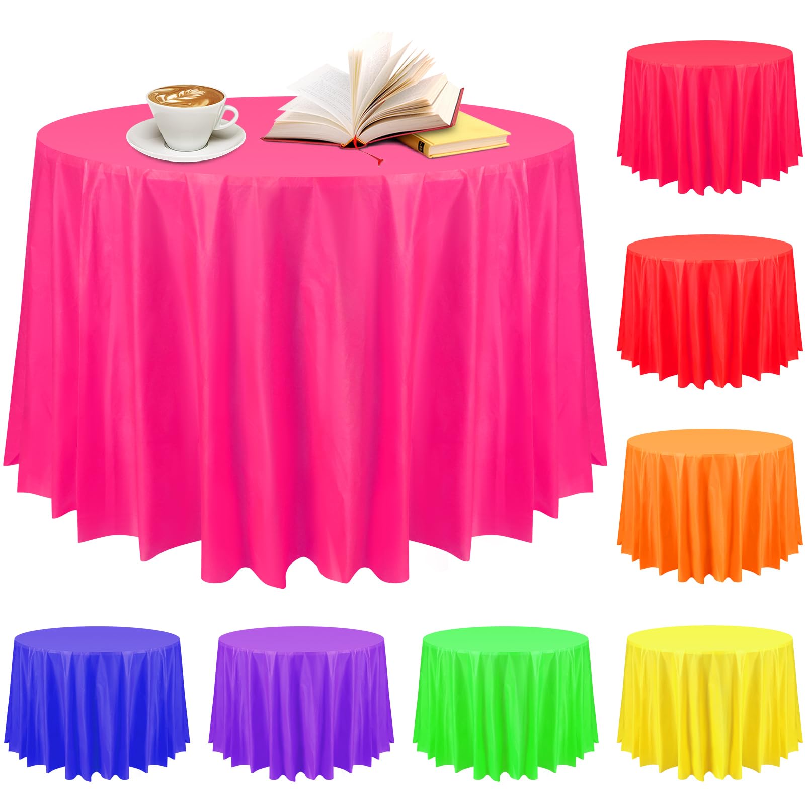 Preboun 8 Pack 84 Inch Neon Tablecloth Disposable Plastic Round Party Table Cover Decor Large Assorted Color Tablecloth Circle Table Cover for Party