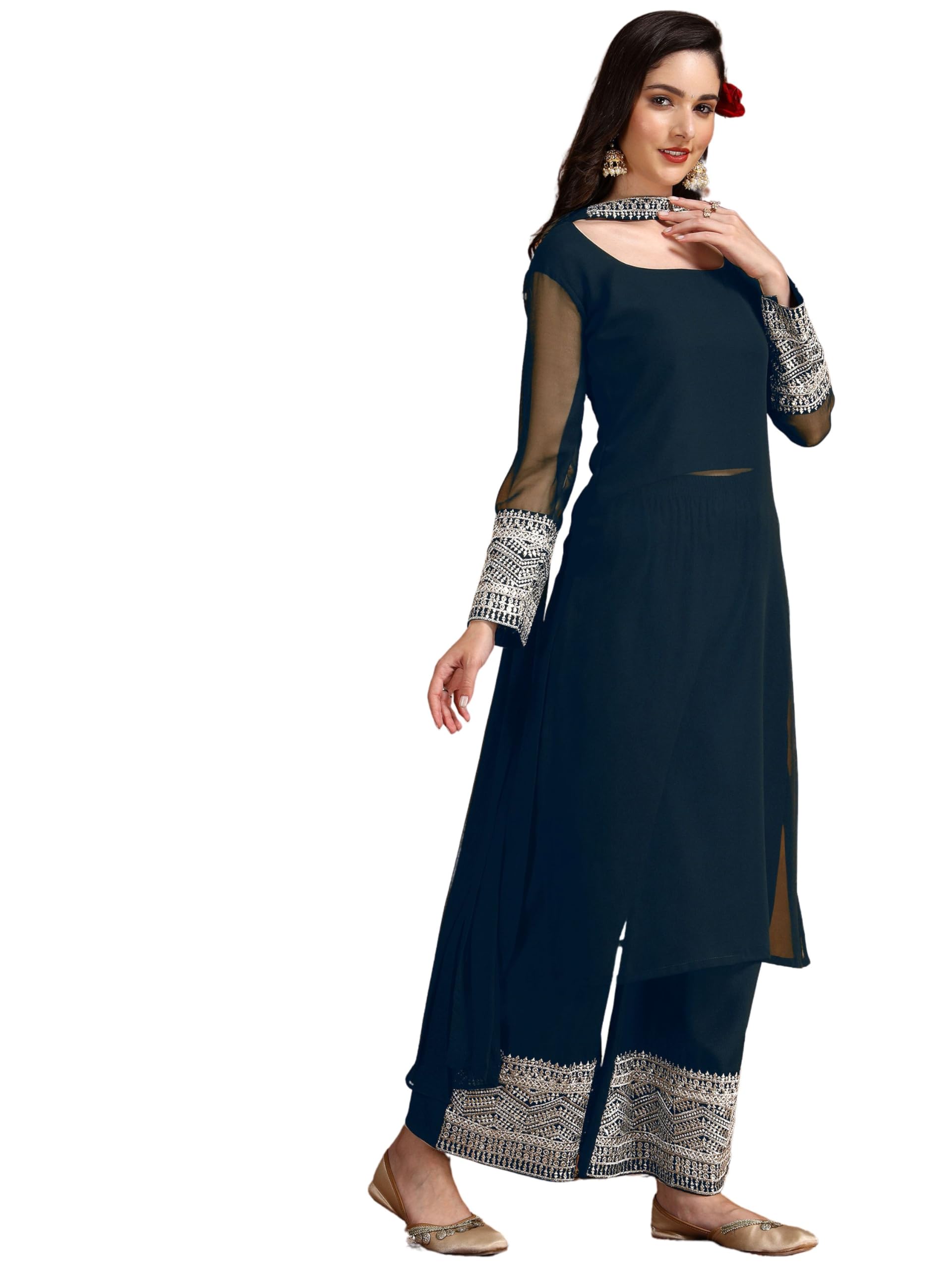 EthnicJunction Women's Georgette Embridered Kurta Palazzo and Dupatta Set