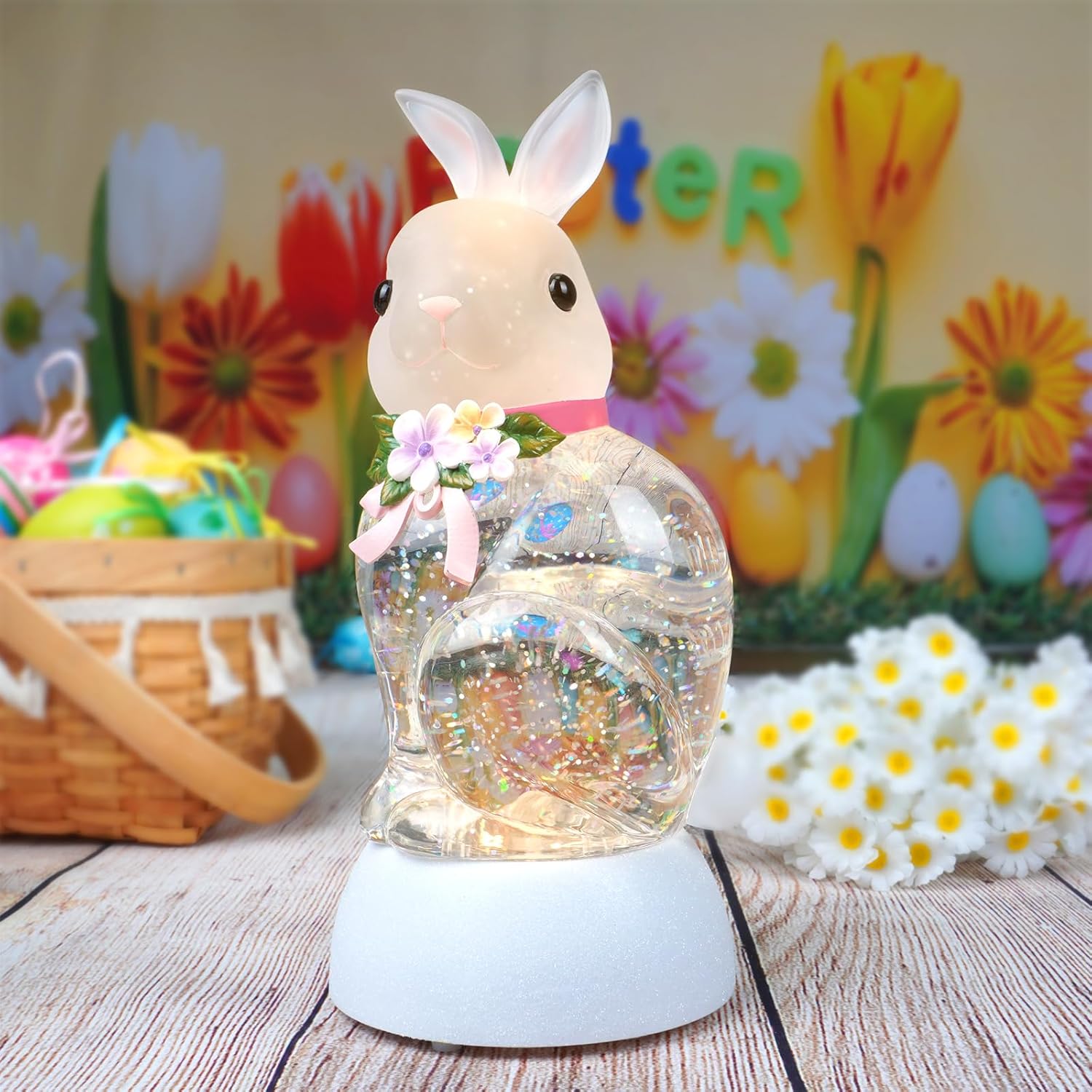 Easter Rabbit Snow Globe Lantern, Light Up Rabbits Glitter Snow Globes Decor with 6H Timer, USB/Battery Operated, Bunny Decoration for Easter Day Home Party Decor and Gift (Rabbit) - Image 2