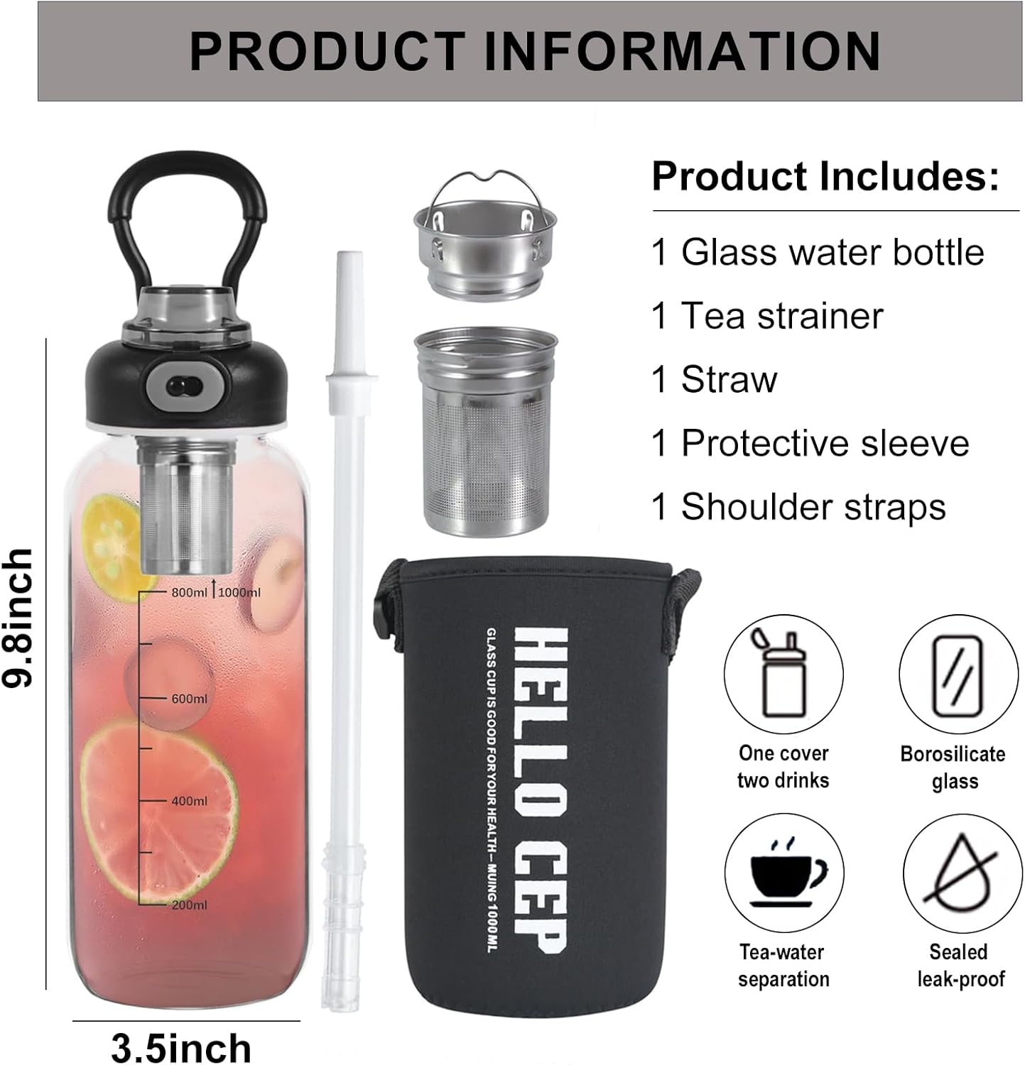34oz Glass Water Bottle with Straw, Infuser & Protective Sleeve, BPA-Free Large Capacity drinking bottles for Hot or Cold Drinks, Perfect for Gym, Home & Office (34oz 1PCS) - Image 2