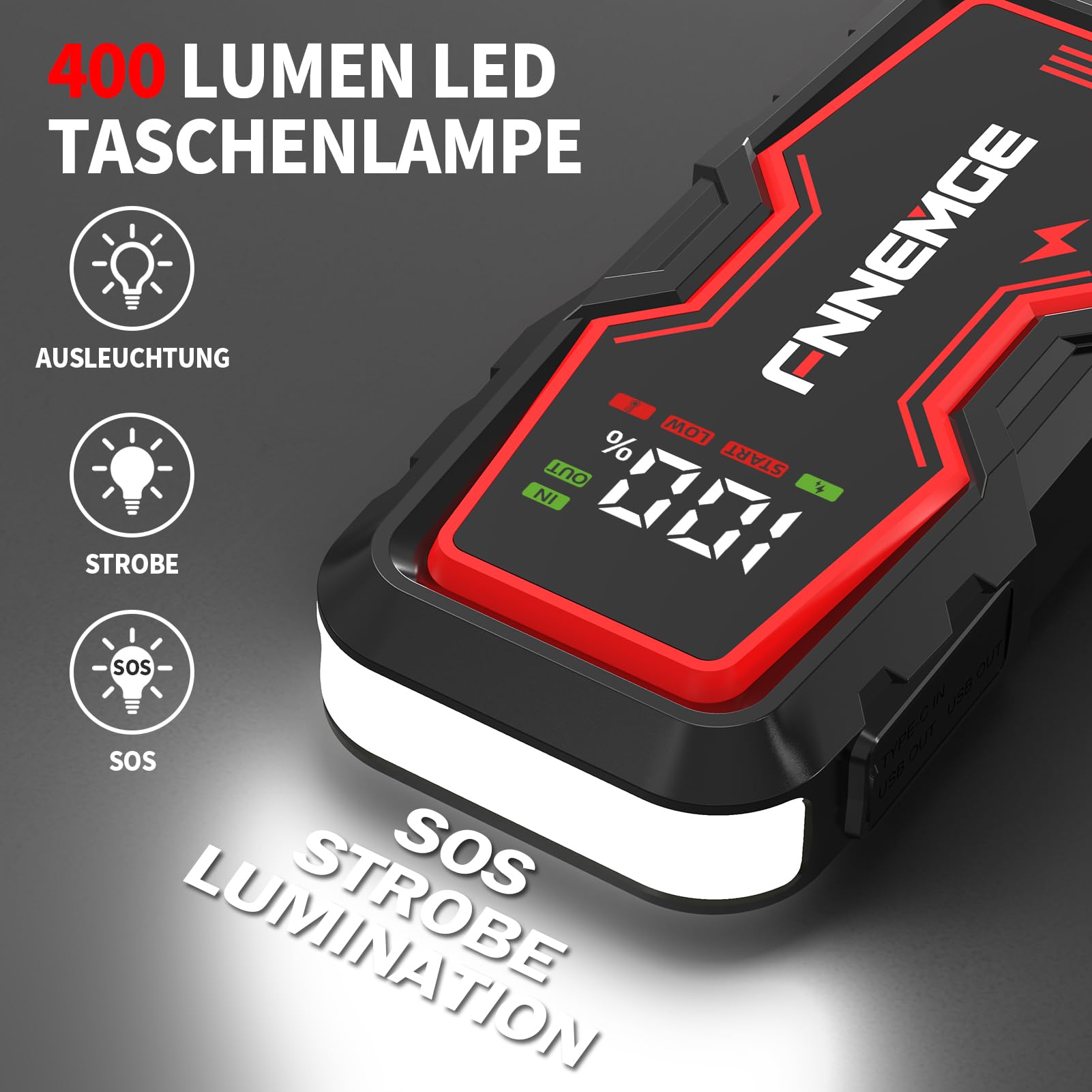 FNNEMGE Auto Starthilfe Powerbank, 6000A 22800mAh Spitzenstrom, geeignet für 12V Auto-Batterien (Alle Benzin und Bis Zu 8,0L Diesel), mit USB-Ladeausgang, LED-Licht und HD-Großbildschirm