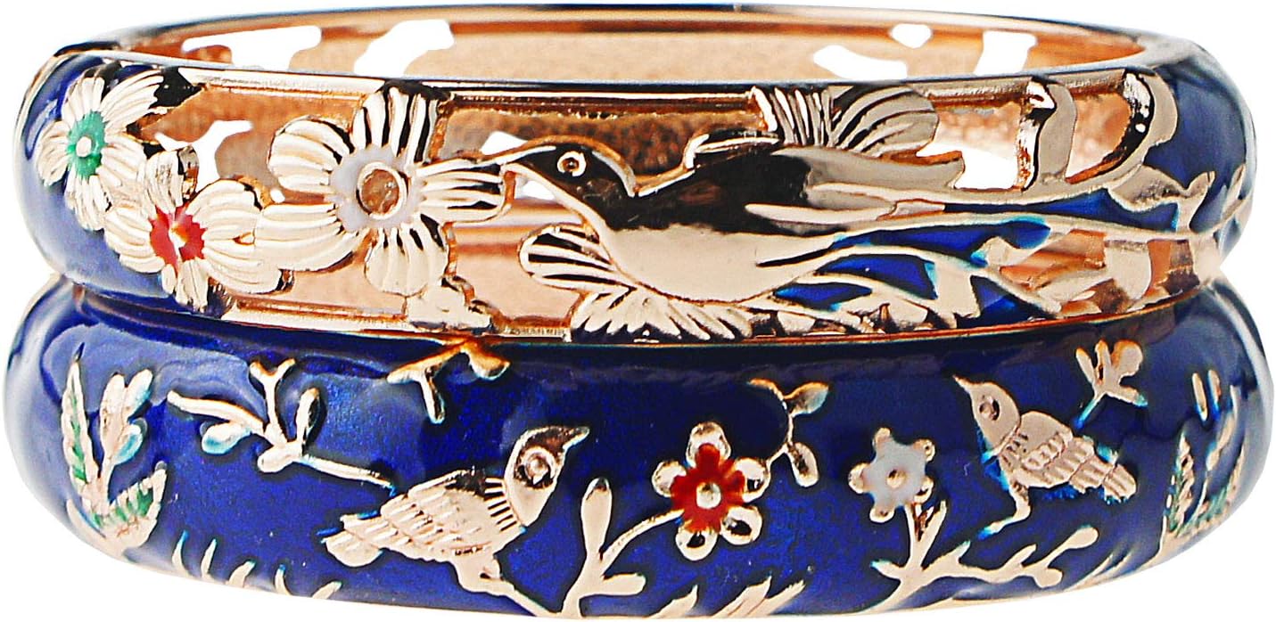 UJOY Cloisonne Indian Bangle Colored Crystal Plated Hinge Cuff Bracelet Hollowed Bird Enamel Jewelry Gift 55C49 - Image 2