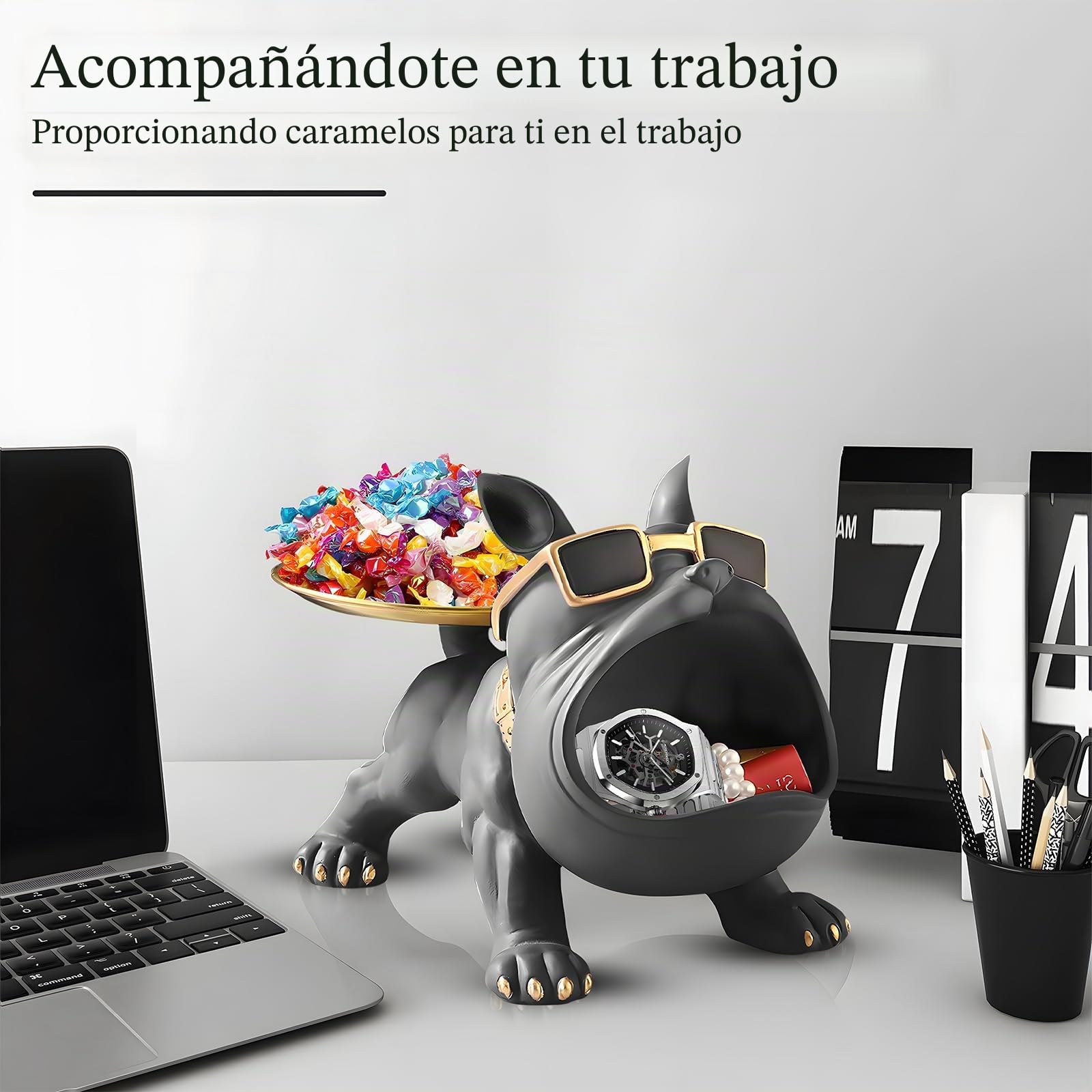 Huhote Estatua de bandeja de bulldog francés de resina, plato de caramelos de bulldog para llaves, escultura de almacenamiento para escritorio de oficina, decoración del hogar, figuras de decoración