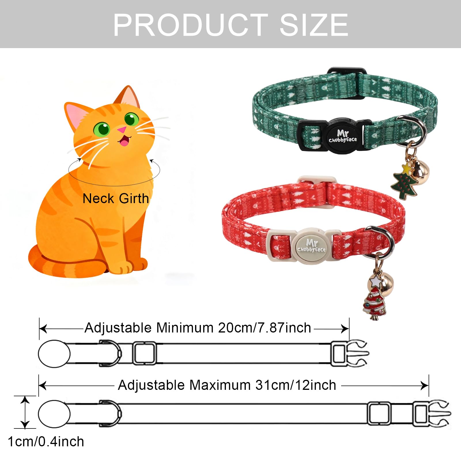 Paquete de 2 collares de gato, bonito collar de gato de Navidad rojo y verde con campana y colgante, collar de seguridad ajustable suave para gatos hembras y machos