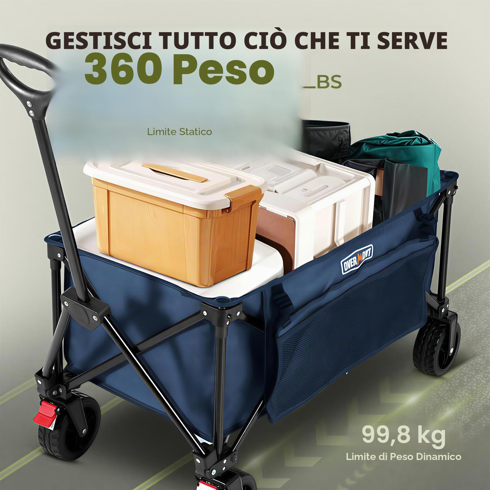 Overmont Carrello da Giardino Pieghevole - Carrelli da Trasporto 150L 150 kg con Maniglia regolabile Freni Tasche a Rete - All-terrain Staccabile Ruote - per Campeggio Shopping Sport Spiaggia