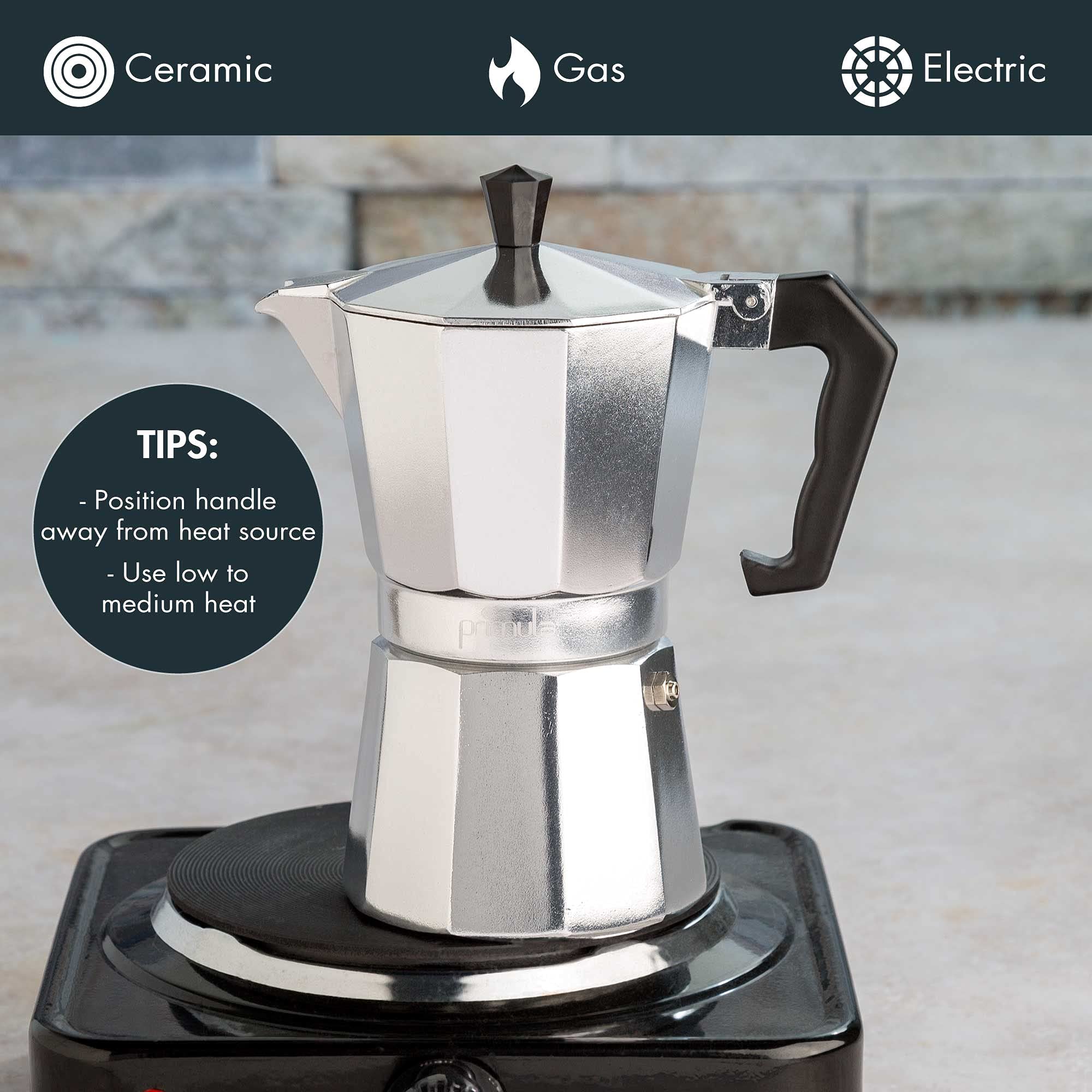 Primula Cafetière à expresso et mousseur à lait électrique portatif pour café italien et cubain classique, 6 tasses à expresso, argenté