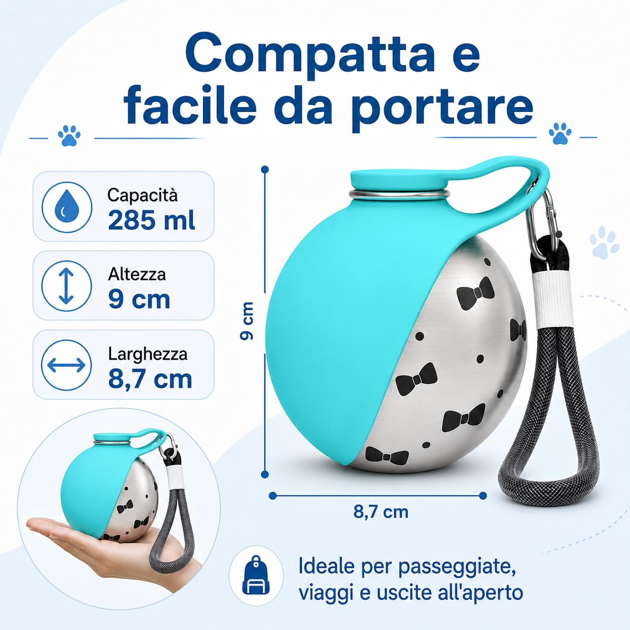 Borraccia per Cani Portatile e Compatta - Bottiglia in Acciaio per Cani in Acciaio Inox da 285ml con Ciotola Pieghevole in Silicone Anti-Goccia (Rosa A+Blu A 285ml)