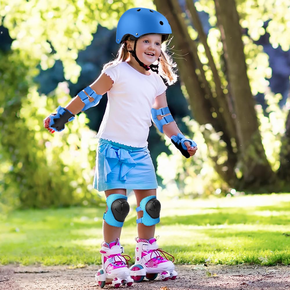 Set di Casco Protezione Bambini, 5 in 1 Casco Bici Protezioni Set per 3-11 Anni Regolabile Polso Ginocchiere Protezione per Skateboard Hoverboard Pattini in Linea(Blu)