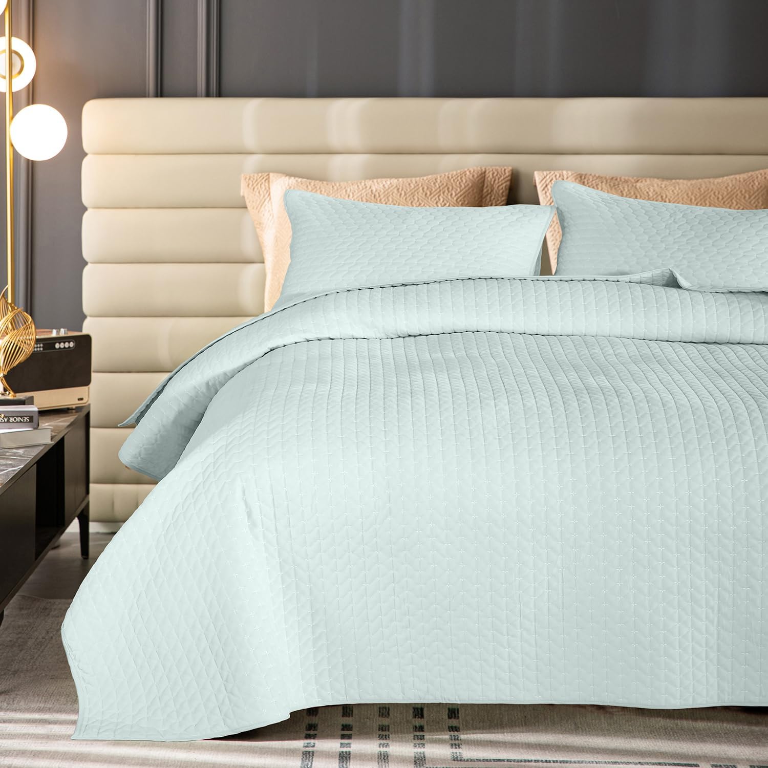 Velvet Quilt Queen Size, Luxurious Quilted Bedspread Bedding Set, Ultra Soft Cozy Coverlet with Brushed Back, Lightweight Reversible Comforter for All Season, Pale Blue