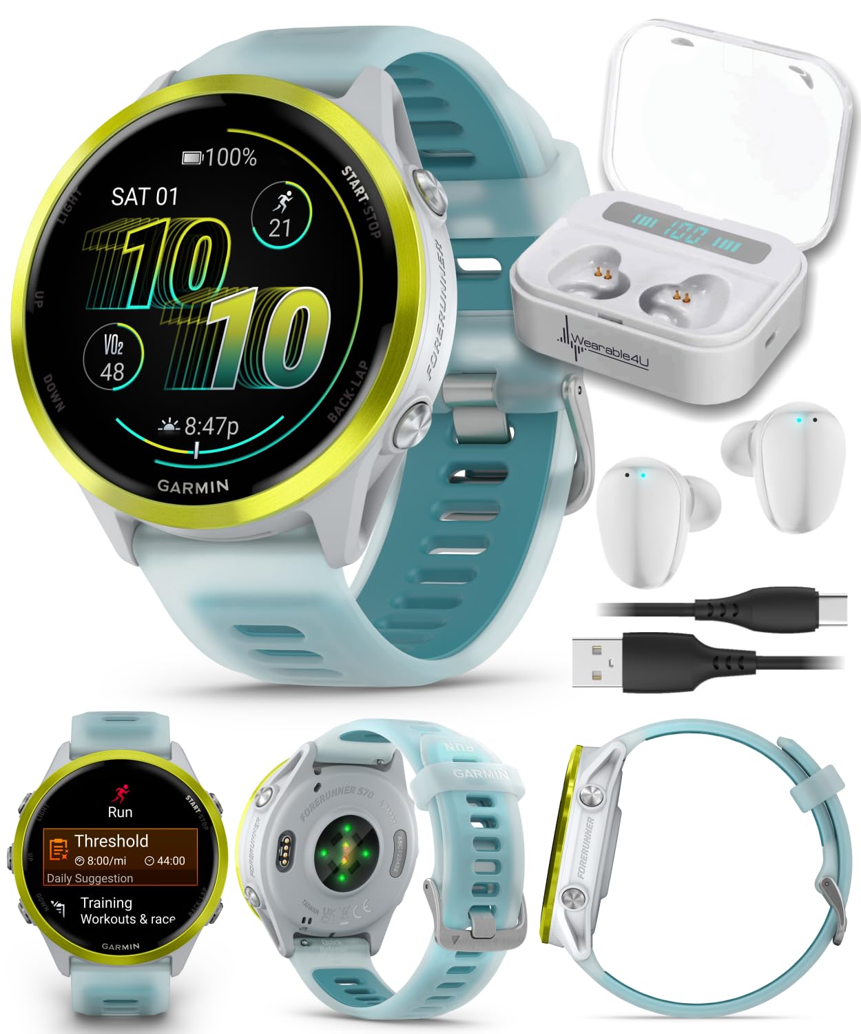 Garmin Forerunner 570 47mm Advanced GPS Running &amp; Triathlon Smartwatch AMOLED Display Training &amp; Recovery Amp Yellow Aluminum w/Translucent Whitestone/Turquoise Band w/ Wearable4U White EarBuds Bundle