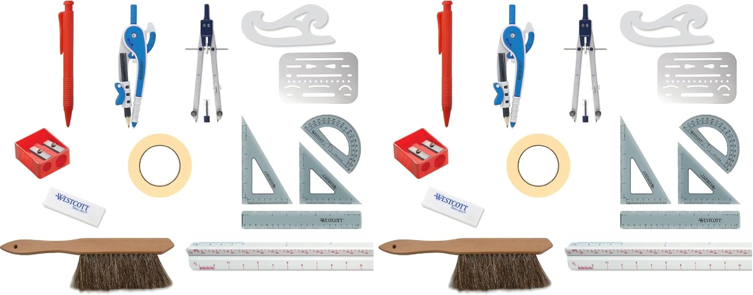 Westcott 16367 15-Piece Architectural Drafting and DrawingTool Set for Math and Geometry, Engineering Students
