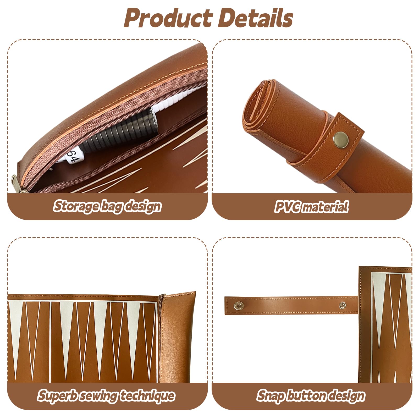 Backgammon Reiseset zum Aufrollen – Backgammon Reise Klassisch inkl. Zubehör, Tragbares Brettspiel für Familie und Reise, Spielfeldmaß:35,5x25,2 cm (Braun)