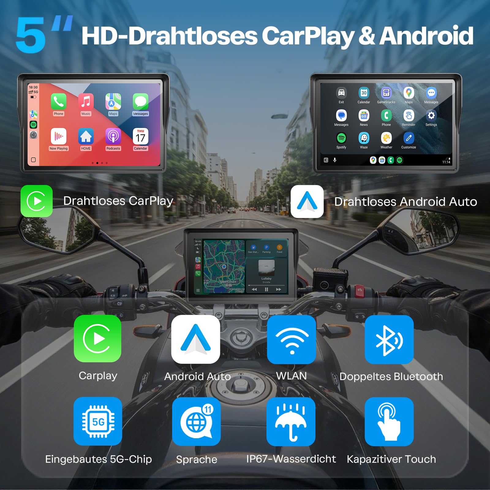 WonVon 5 Zoll Motorrad Carplay Display Motorrad Navigationsgeräte mit Motorrad Navi CarPlay & Android Auto Wasserdicht Motorräder Display mit Bluetooth Sprachassistenten Magnetische Halterung