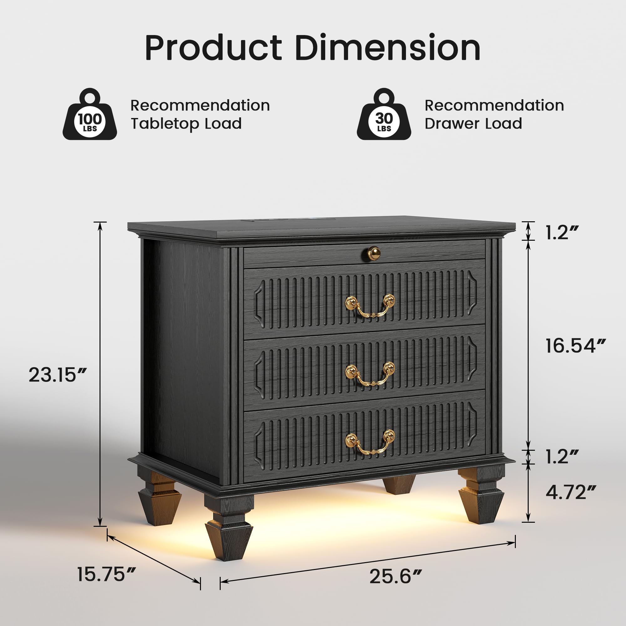 Fredees 28 Inch Night Stand with Drawers Bedside Table - Dettaglio