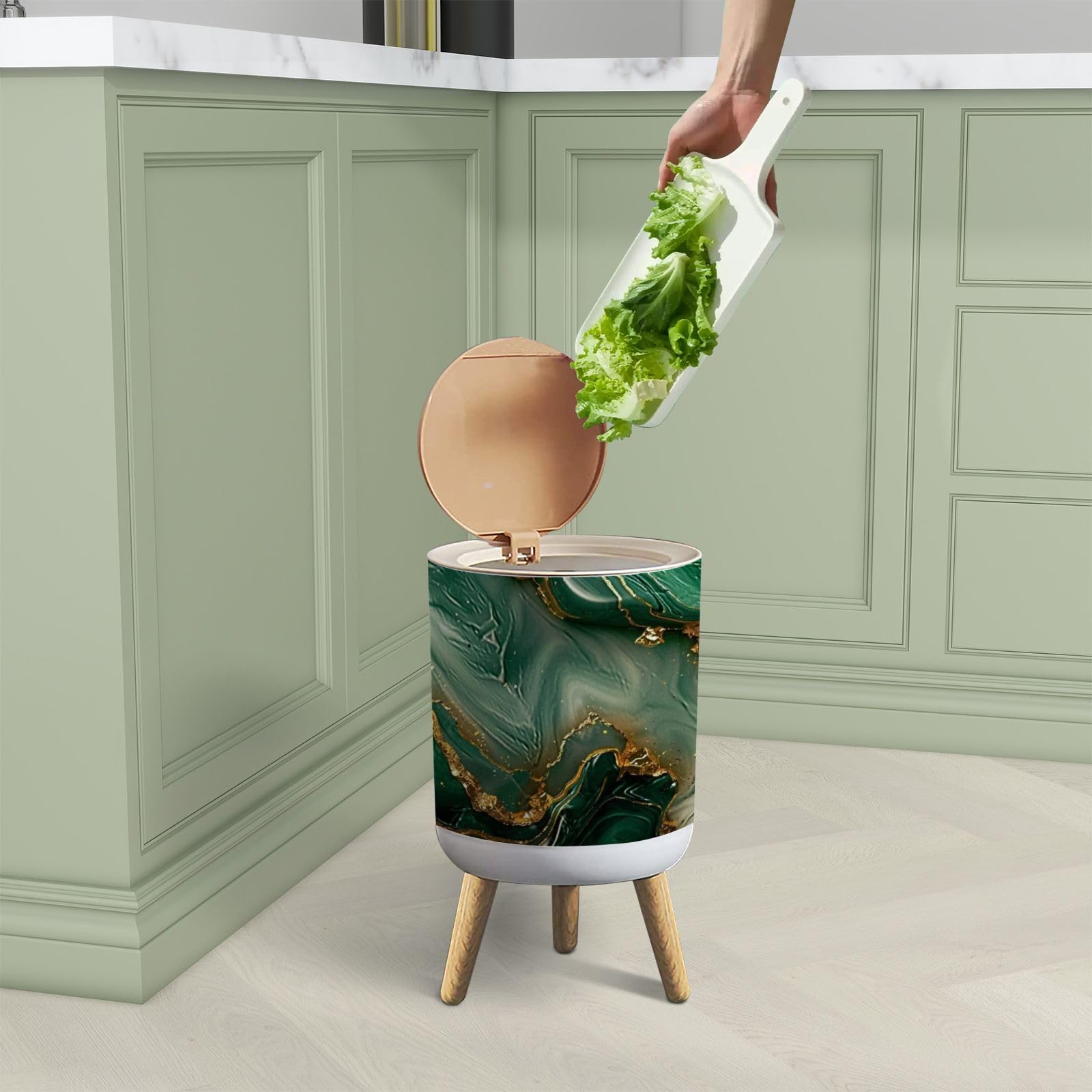 Cubo de basura con tapa, diseño abstracto de mármol de lujo, textura de mármol, verde y dorado, cubo de basura 3D, redondo, a prueba de perros, para cocina, baño, sala de estar, guardería,