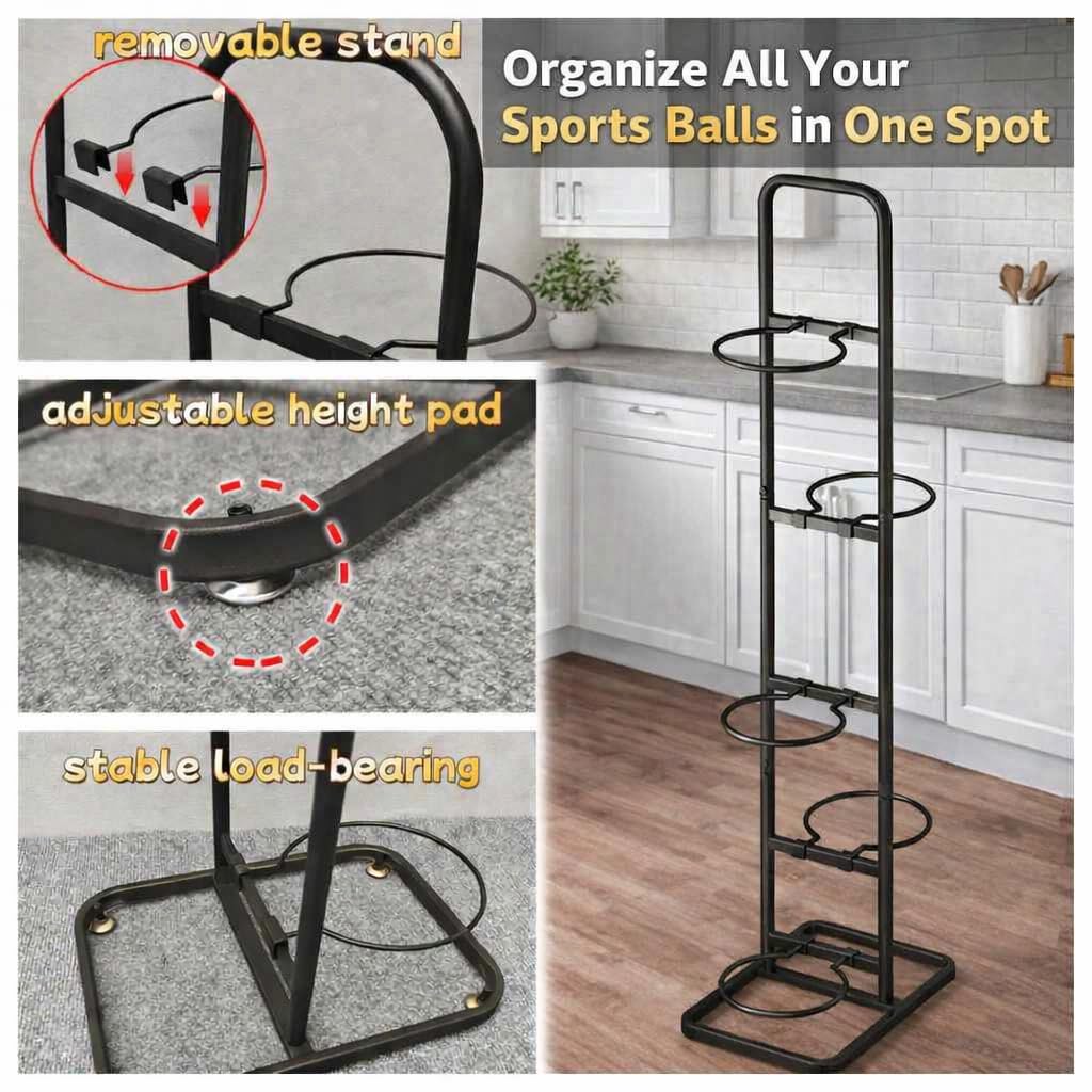 Soporte para Balones – Estante Vertical Universal de 5 Niveles en Acero al Carbono para Baloncesto, Fútbol, Rugby y Voleibol – Altura 144 cm, Negro