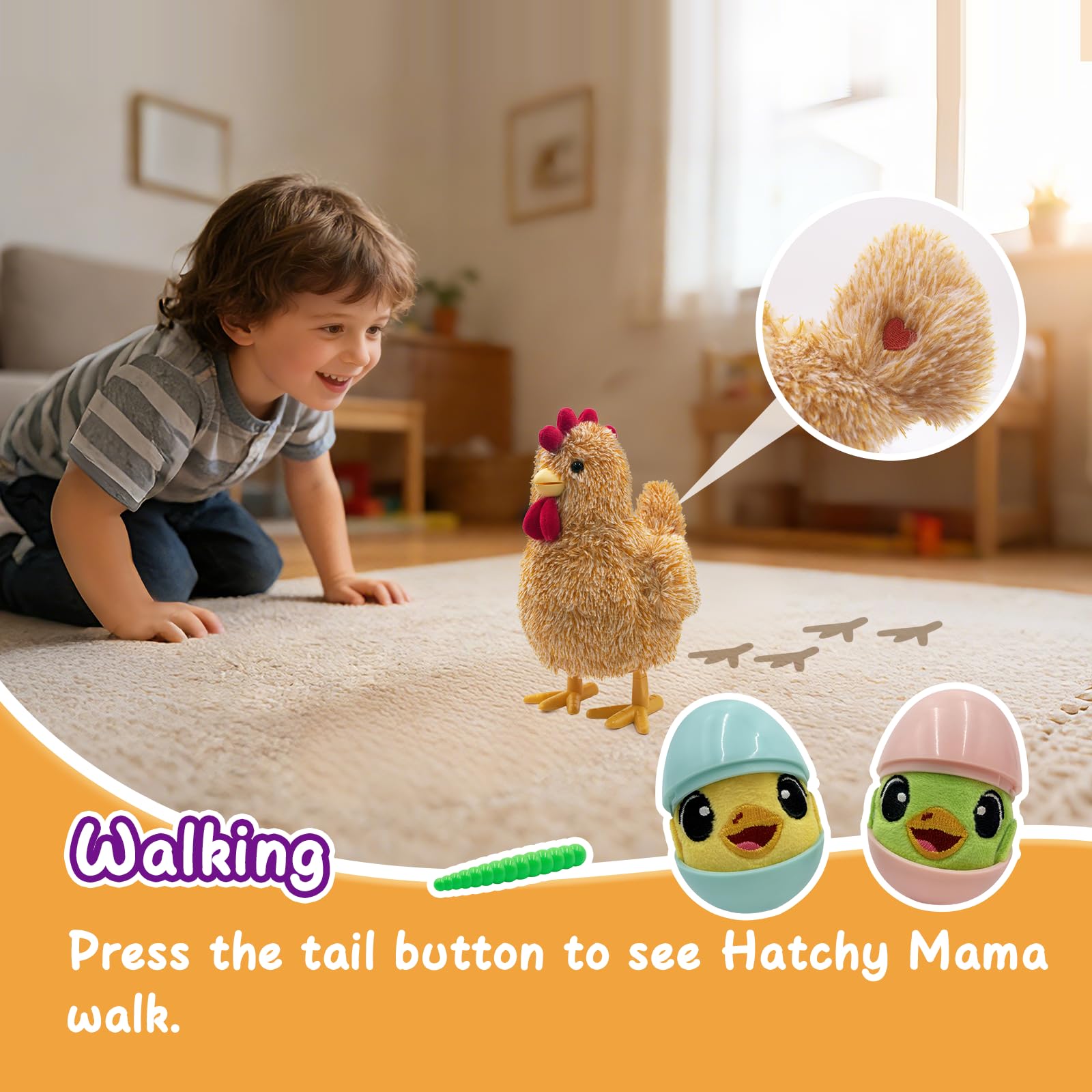YH YUHUNG Interaktives Mama-Huhn Plüschspielzeug, Geht Singt und Legt Eier, Elektronisches Bauernhof-Tier für Kleinkinder ab 3 Jahren, mit Küken und Futterwurm (Gelb)