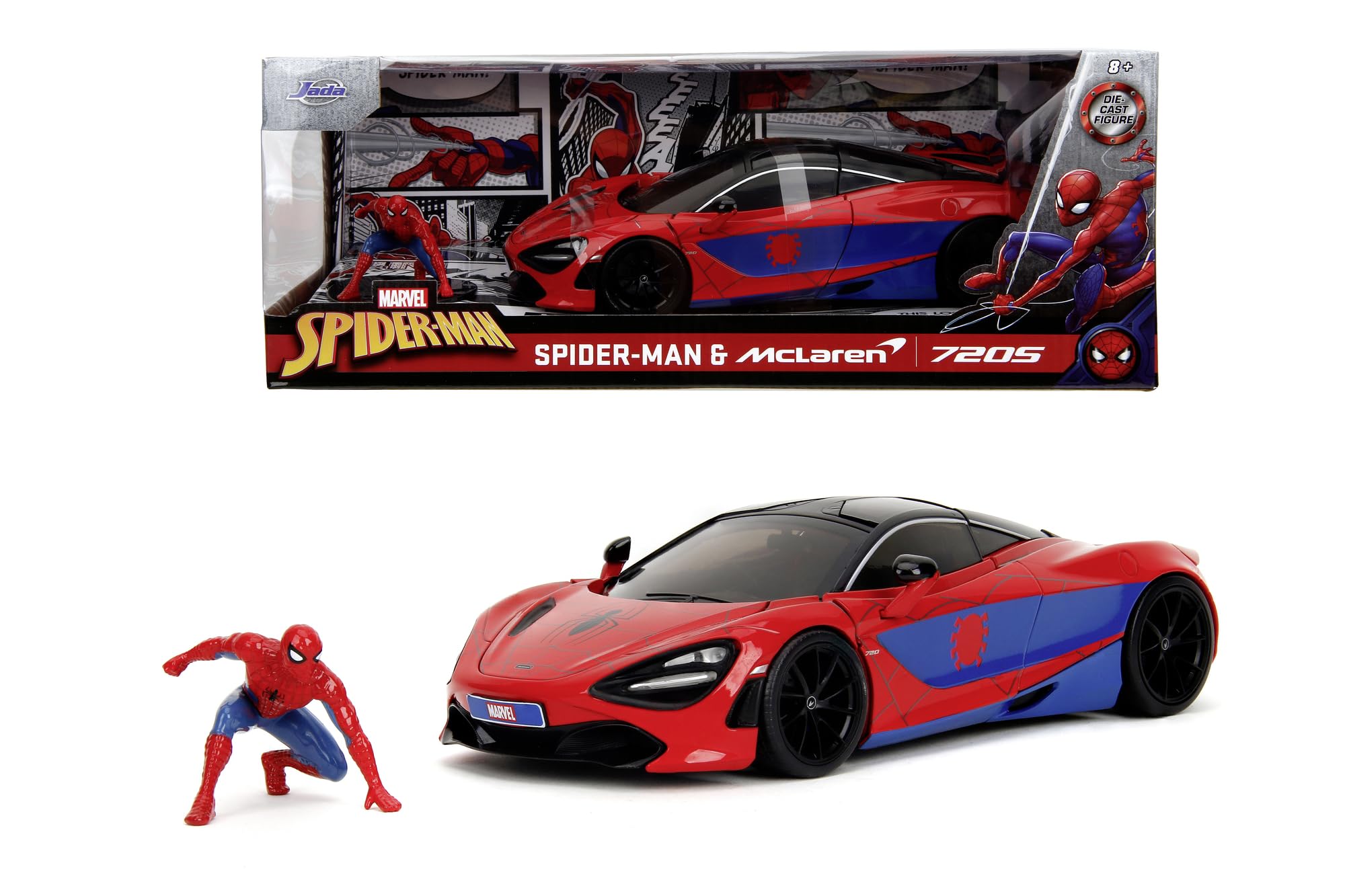 Jada Toys Marvel Auto McLaren 720S (19 cm) con personaggio Spider-Man (5 cm) - Modellino auto con parti apribili, set di giocattoli in metallo per fan e bambini dagli 8 anni in su