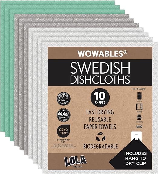 LOLA Swedish Dishcloths 10 Pk Biodegradable Reusable Paper Towels Absorbent Cellulose Kitchen Sponge Cloths Zero Waste Odor Free, Made in Germany