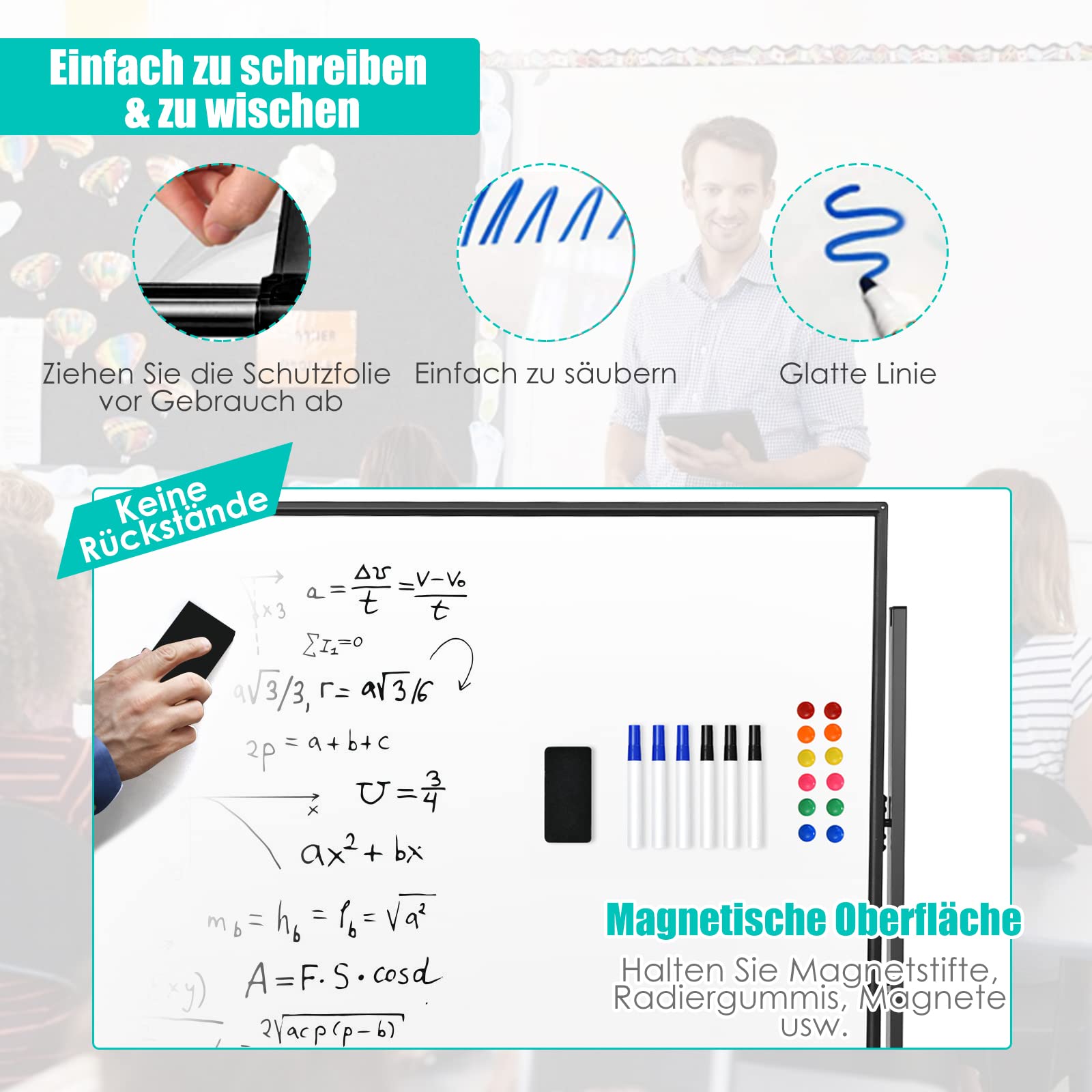 GOPLUS 120x90cm Mobiles Whiteboard mit Ständer & Flipchart, Höhenverstellbares doppelseitiges Whiteboard mit abschließbaren Rollen, um 360° drehbare magnetische Tafel mit Alurahmen & Zubehör(Schwarz)