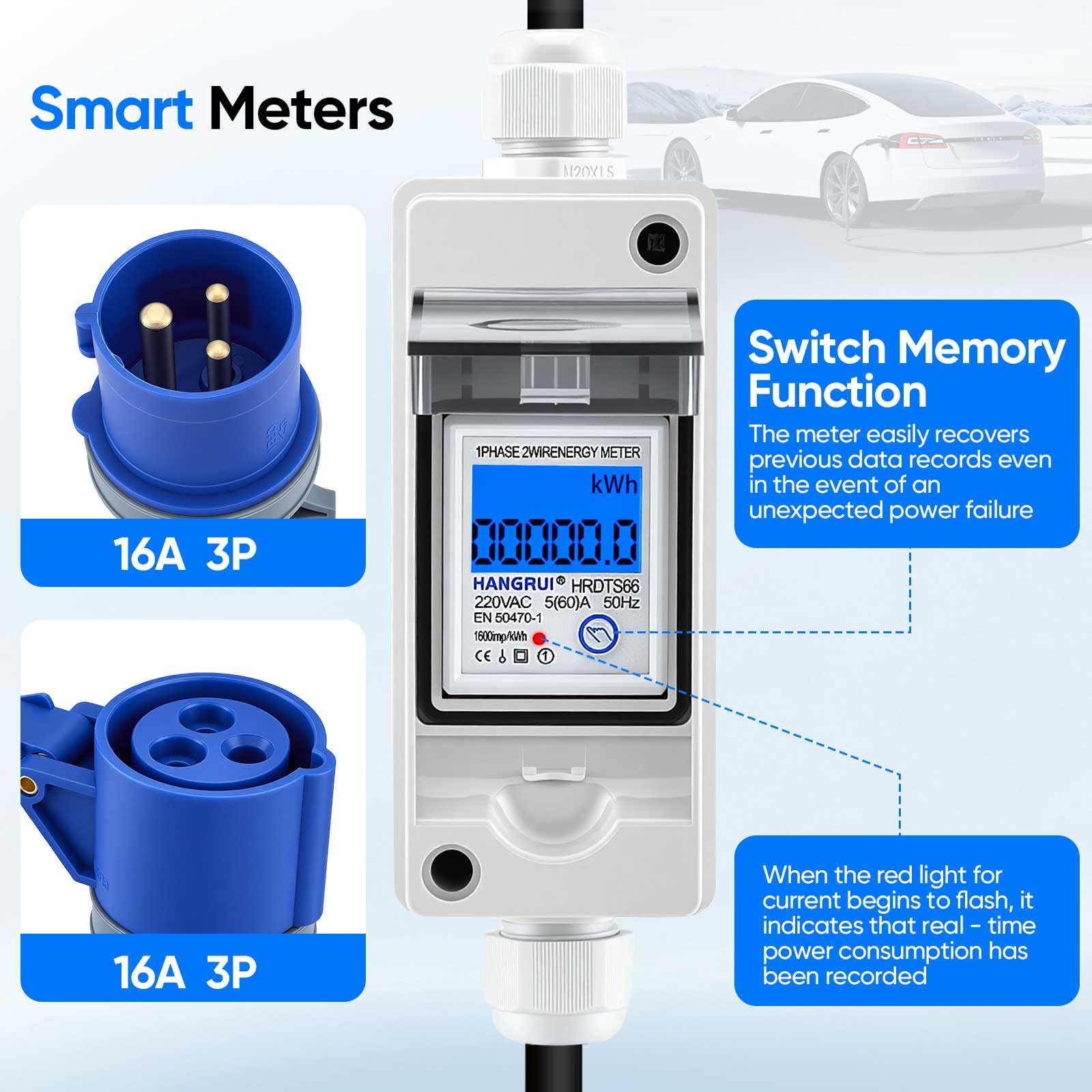 Contador de energía Digital móvil con conexión CEE 230V 16A, Contador kWh Impermeable IP67 con Pantalla LCD, Memoria Anti-Corte y reinicio, para Coches eléctricos, autocaravanas, Obras