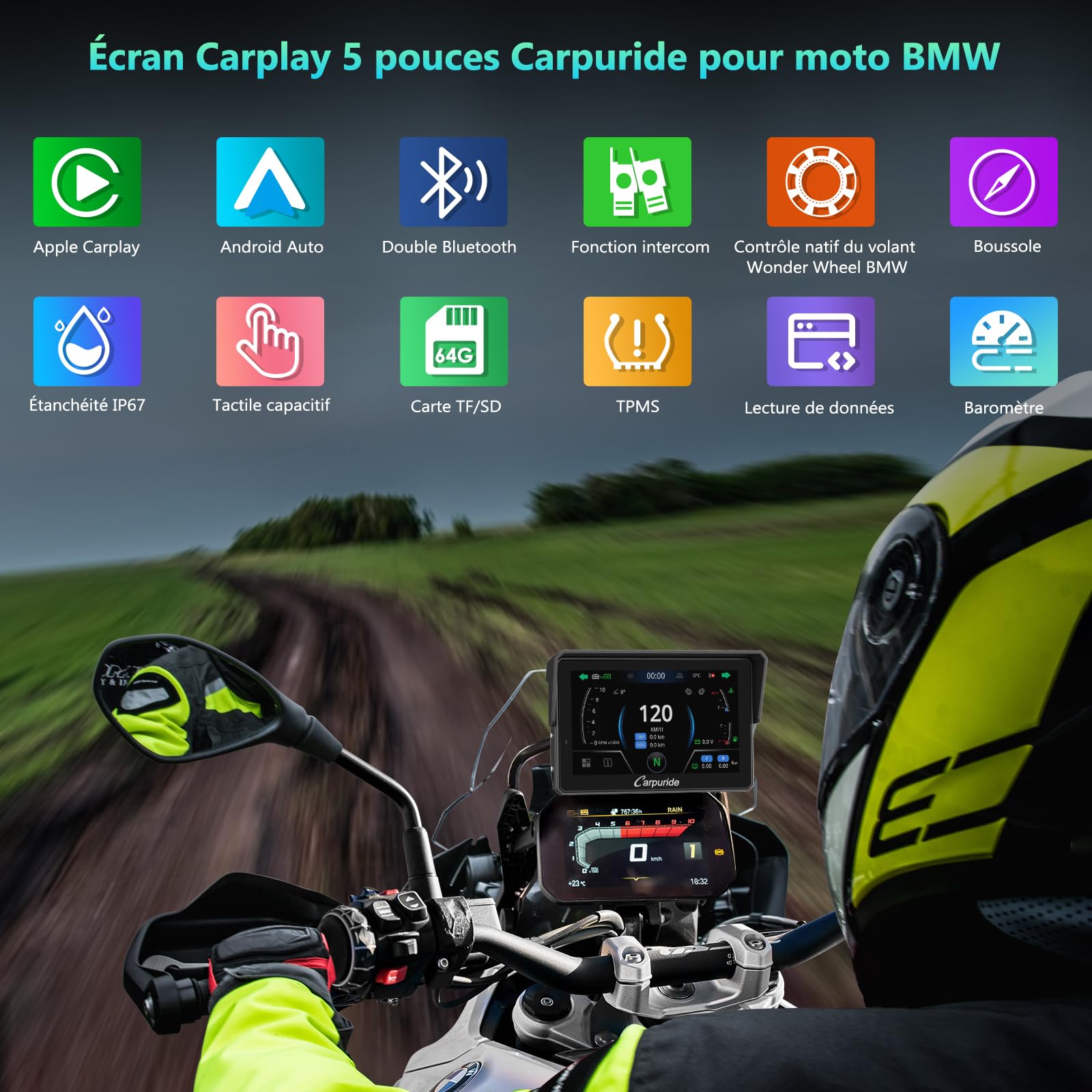 CARPURIDE W502BS Pro pour Moto BMW, CarPlay et Android Auto, Double Bluetooth, écran de Navigation étanche de 5 Pouces, Lecture de Données, Native Wonder, TPMS, Capteur de Lumière, Partage de Musique