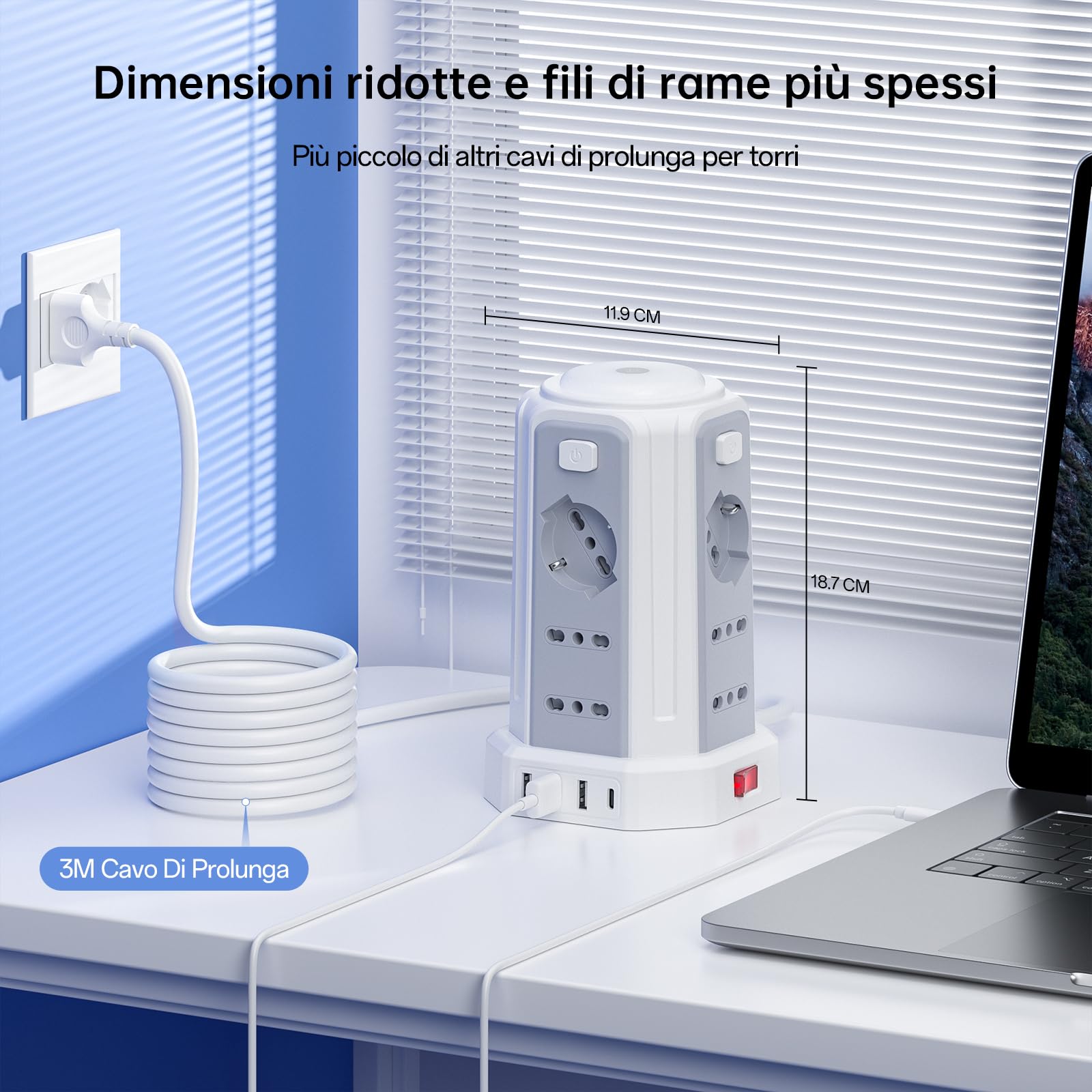 Regleta eléctrica con luz nocturna, 12 tomas universales 10/16 A ITA y Schuko y 3 USB A+1 USB C protección contra sobretensión con 4 interruptores independientes para la oficina, la casa