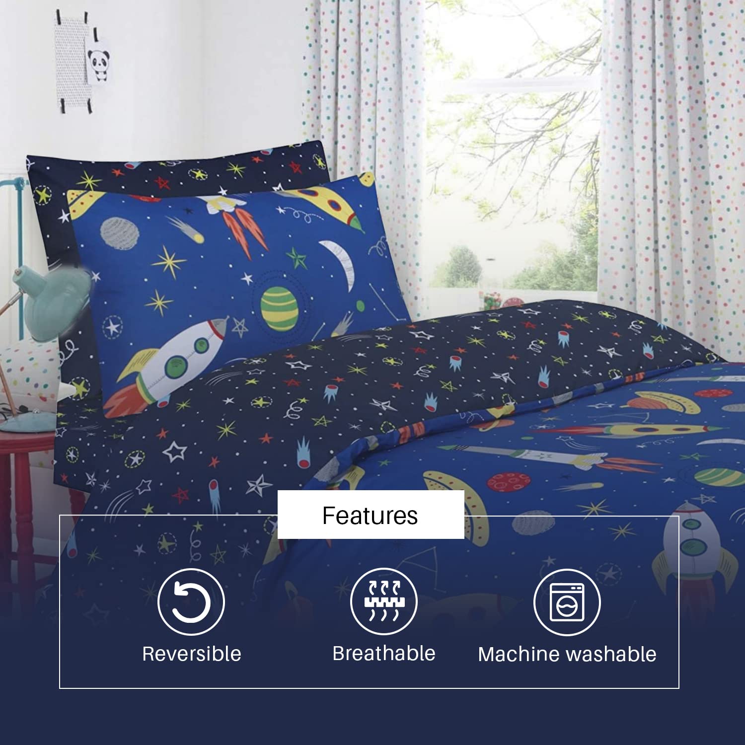 Indus Textiles Juego completo de funda de edredón para niños y niños, sábana bajera ajustable y fundas de almohada a juego, 100% algodón suave, reversible, azul espacial, juego completo individual
