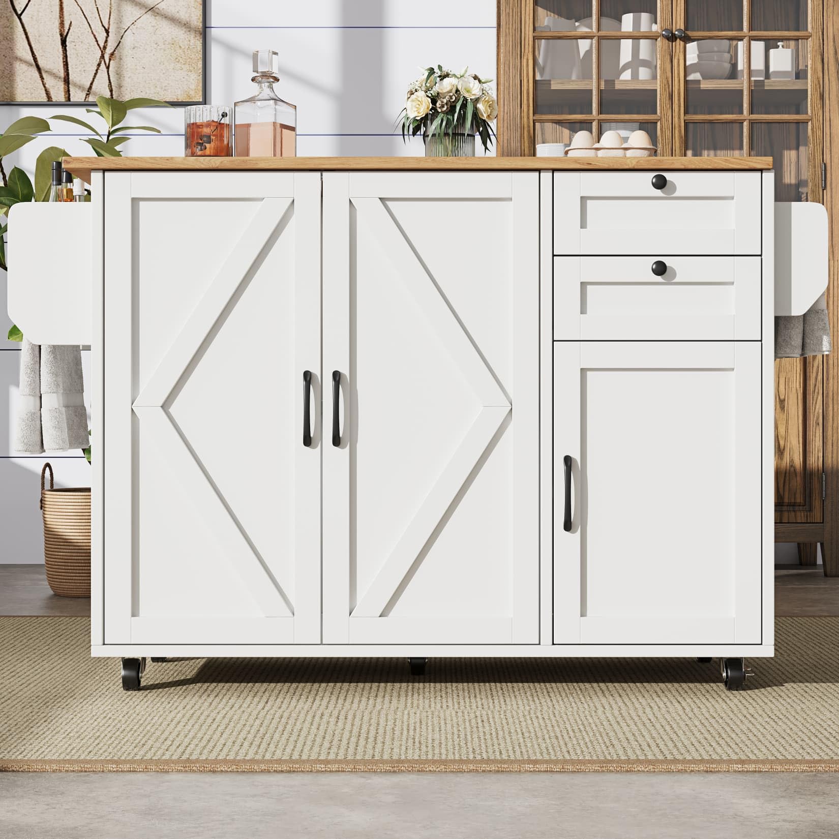 PUGSDRLY Desserte ilôt de Cuisine avec roulettes,Buffet Cuisine de Rangement avec Plateau de Table Pliable,Chariot de Repas,2 Tiroirs et 3 Portes,Espace de Rangement Multifonctionnel (Blanc-C)