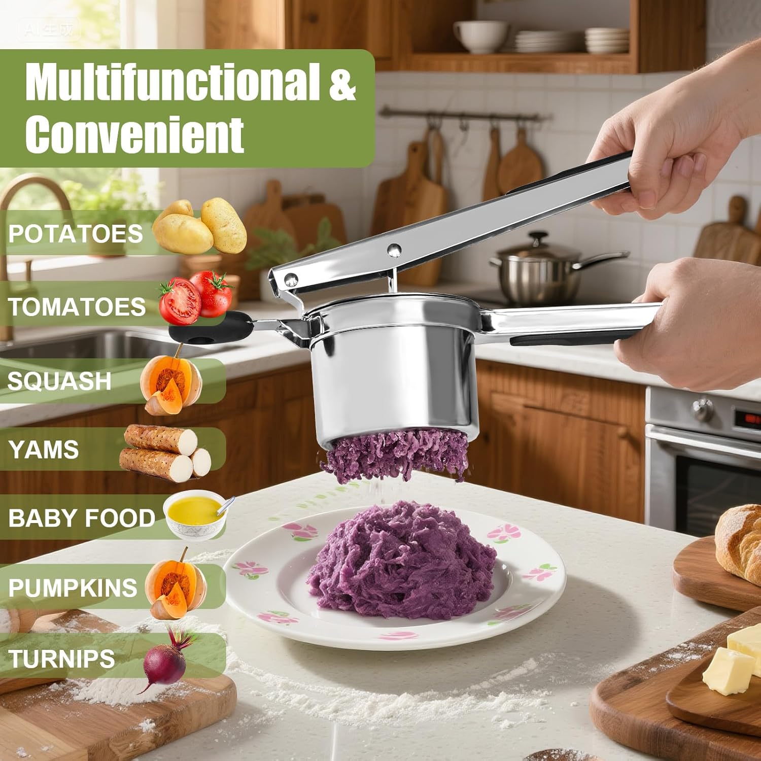 Condition photo showing Good Condition for large 15 oz ricer for mashed potatoes, stainless steel fixed disc potato ricer for mashed potatoes, easy to clean and dishwasher safe, suitable for pumpkin, sweet potato, baby food fixed disc-black handle