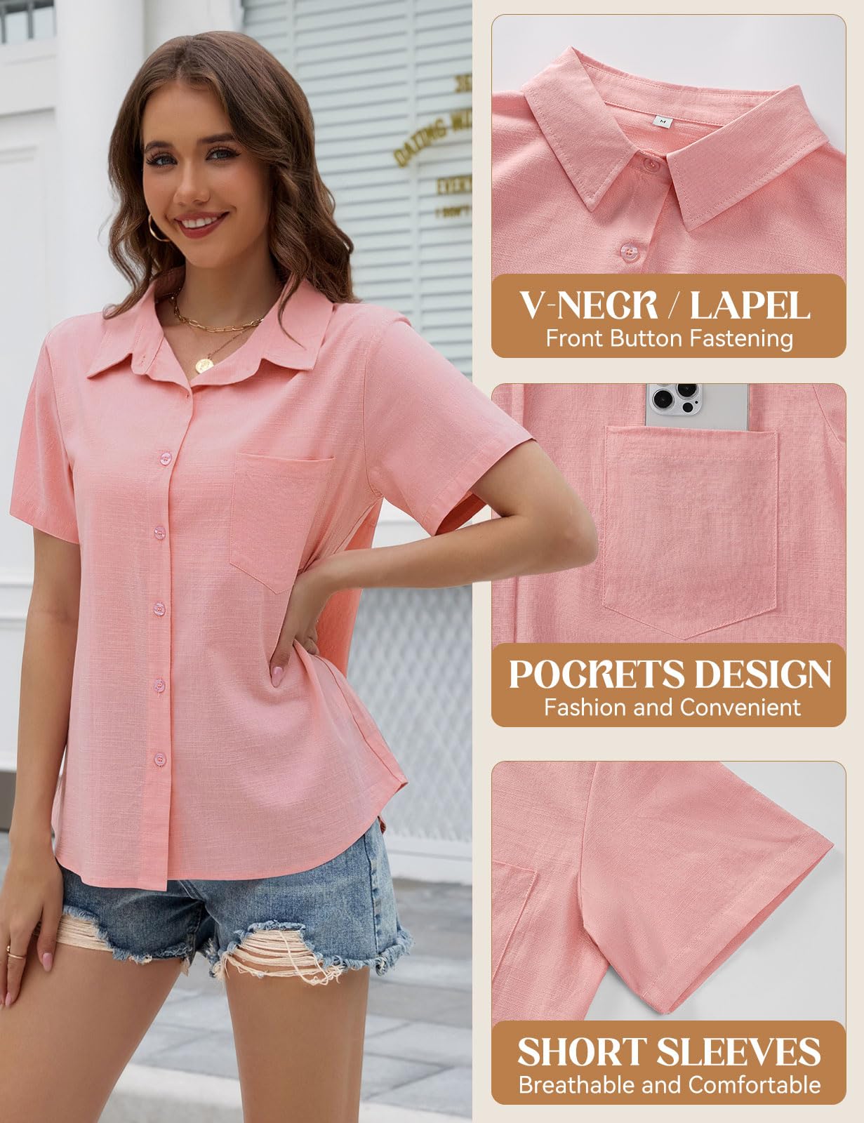 Camicia Donna Estiva Blusa Elegante Manica Corta Cotone Lino Camicetta da Donna Maglia Estive Maglietta Casual Scollo a V con Bottoni T Shirt Tinta Unita Classico Tops