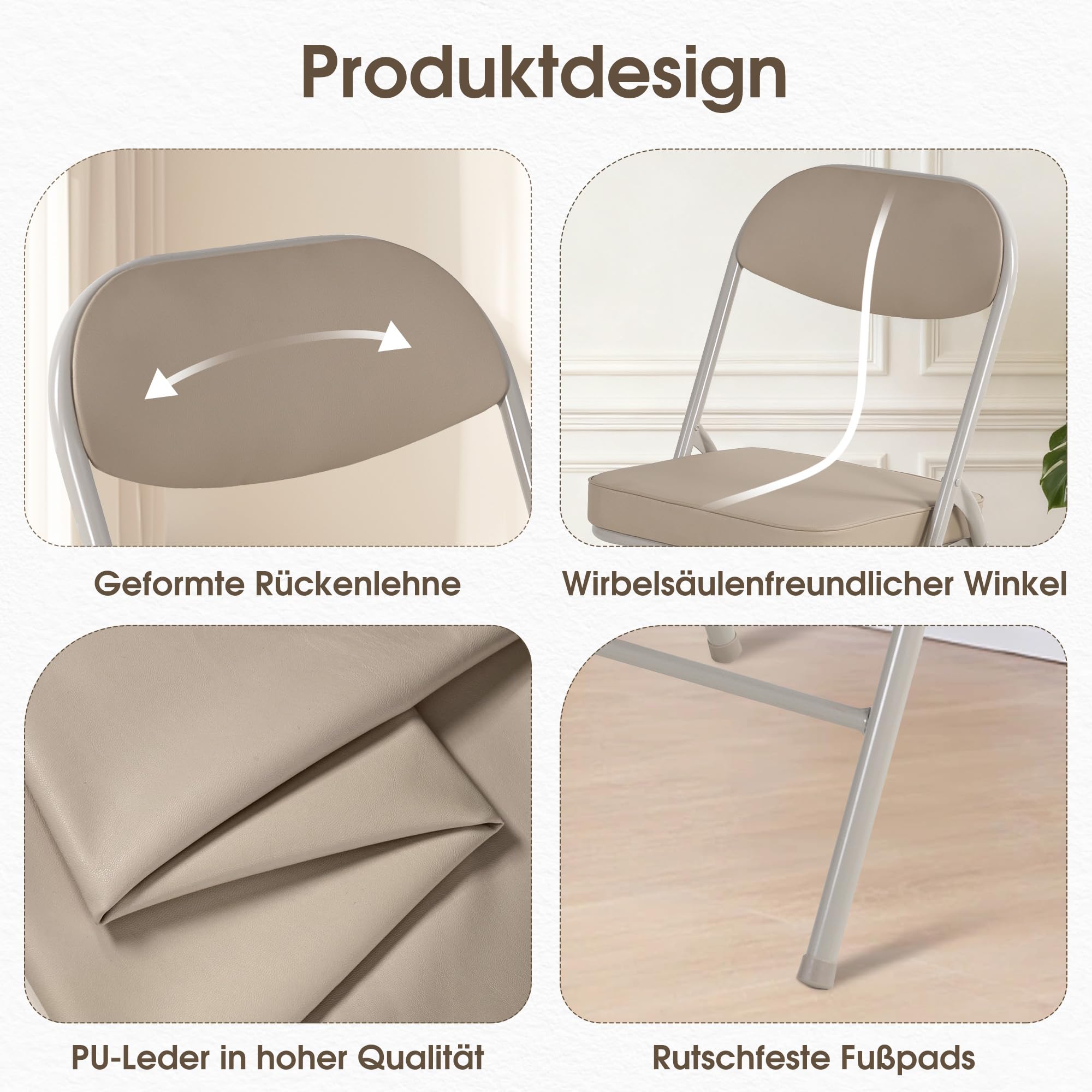 Klappstuhl mit Polster, Klappstühle 4er, Verstärkte Gepolstert, Tragbarer und Bereits montierter Klapp-Essstuhl für Gäste, Küche, Büro, Hochzeit und Party，Beige