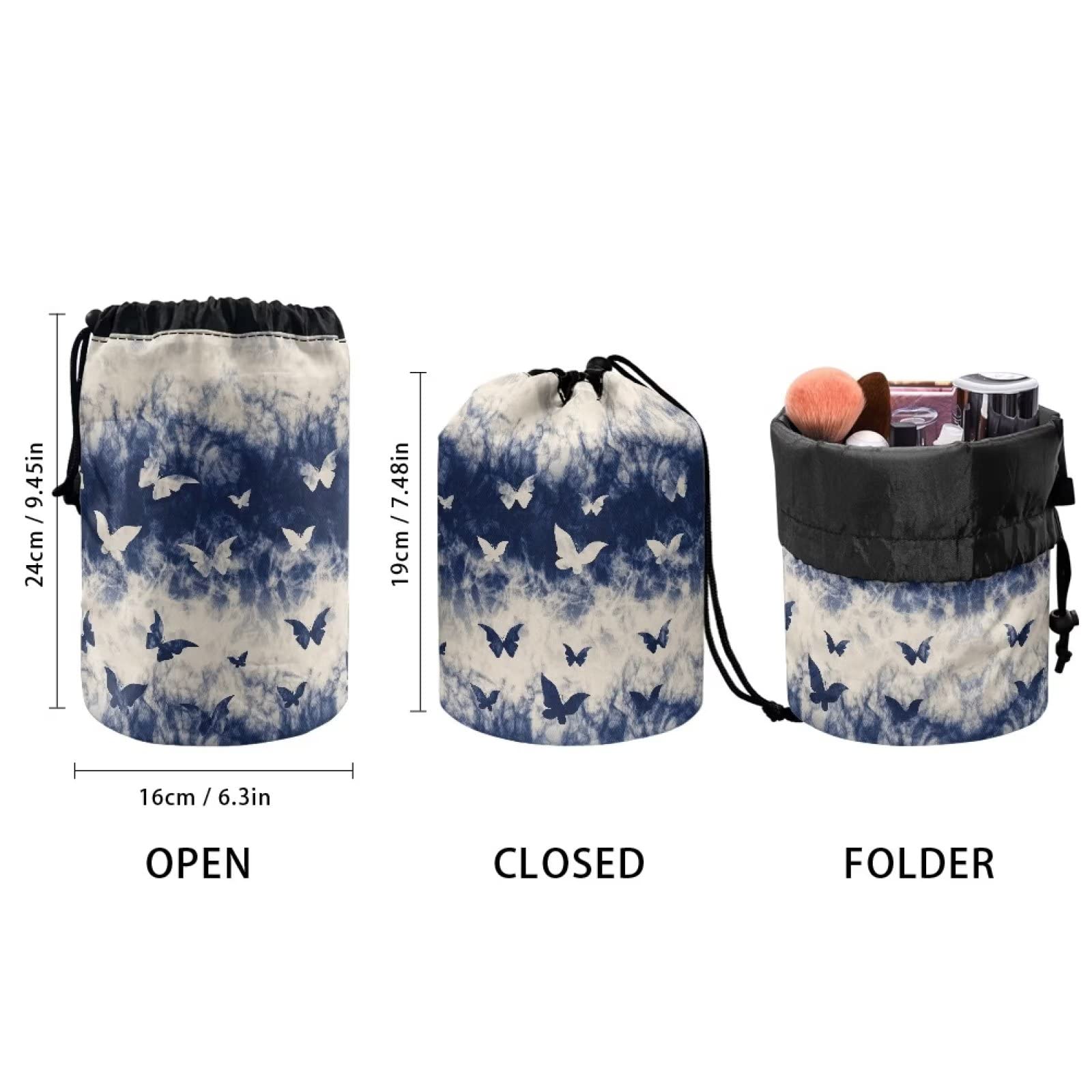 COEQINE Wome Blue Butterfly Pattern Makeup Drawstring Bags with 3 Elastic Bands and 3 Mesh Pockets for Travel - Image 4