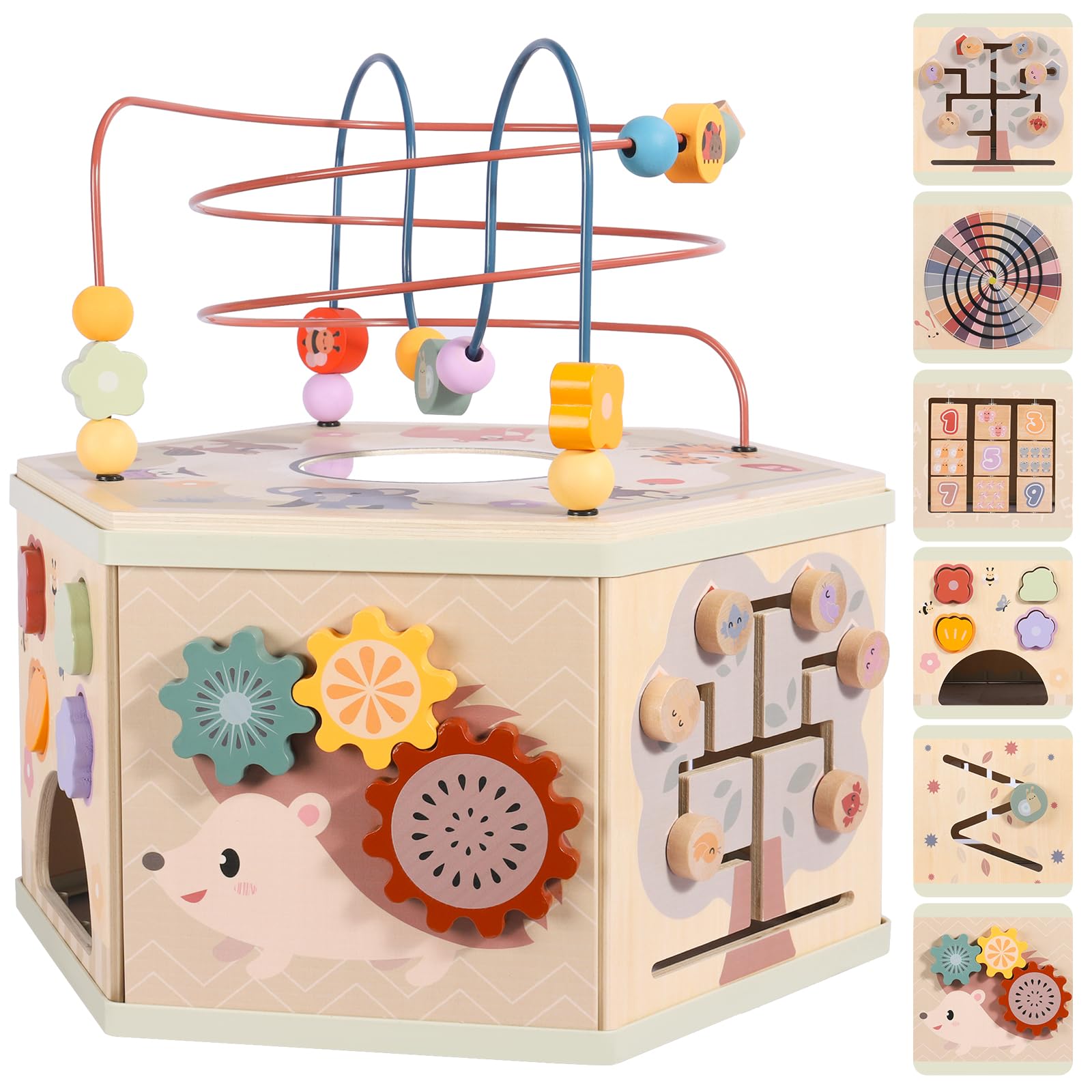 Large Wooden Activity Cube for Toddlers, 9 in 1 Educational Baby Activity Cube, Montessori Toys for 1+ Year Old Boys & Girls, Cute Zoo Theme Baby Cube Toy Sorting & Stacking Game, 1st Birthday Gift