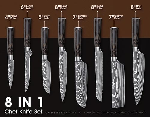 Miniatura 4 de Juego de cuchillos japoneses DRAGON RIOT con patrón de Damasco, juego de cuchillos de chef para cocina con bolsa enrollable, juego de cuchillos