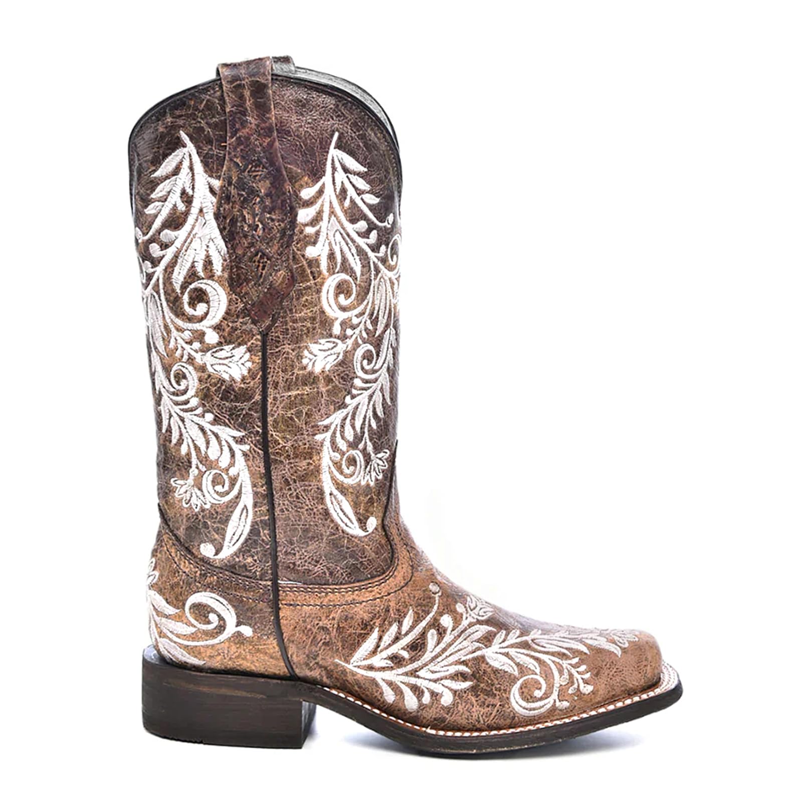 Women Floral Embroidery Square Toe Cowboy Boots Pull on Chunky Heel Mid Calf Western Corgirl Boots