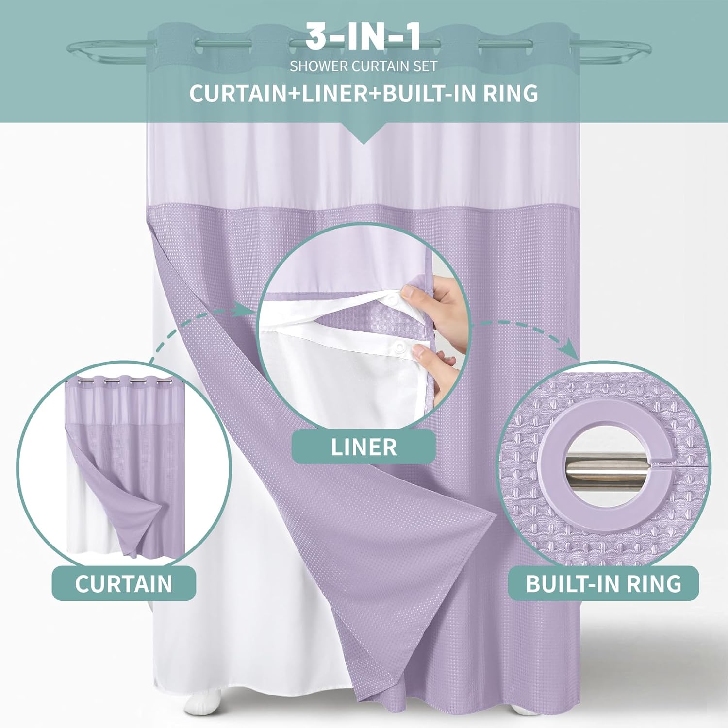 Lavender Extra Long No Hook Waffle Weave Shower Curtain with snap-in Liner Replacement, 230GSM Waterproof Fabric Hotel Shower Curtain Set for Bathroom, Through Mesh Top Window,71Wx86H