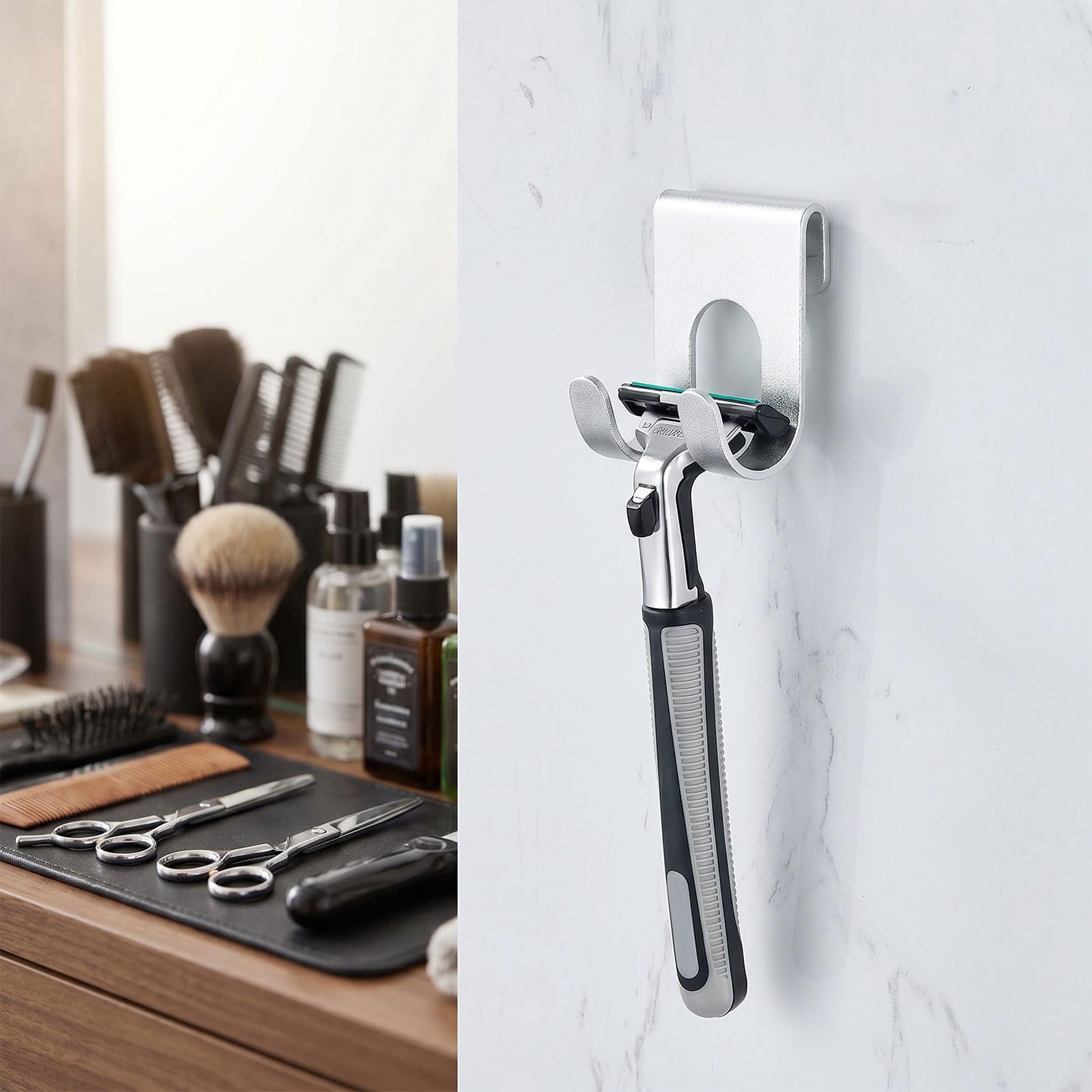 Supporto per rasoio da doccia, supporto per rasoio, supporto per doccia, supporto per rasoio, autoadesivo, senza foratura, presa forte, in alluminio, set da 4 pezzi, per bagno e cucina