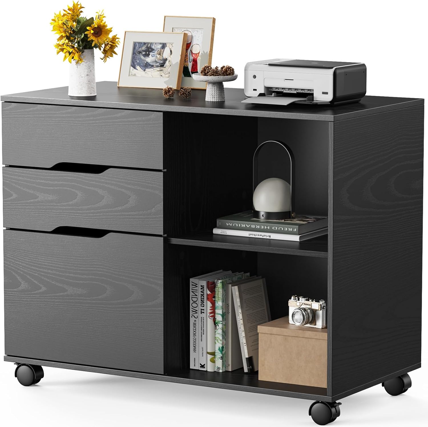 Sweetcrispy 3-Drawer File Cabinet, Lateral Mobile Filing Cabinet Wood Storage Organizer with Wheels, Printer Stand & Open Shelves for Home Office Under Desk Organization - Black Modern Black