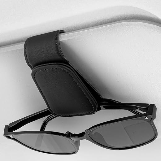 SyeiouC Sunglass Holder for Car, Premium Sunglass Clip for Car Visor, Magnetic Leather Car Sunglass Holder and Ticket Card Clip, Suitable for Different Size Eyeglasses