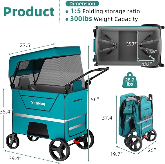 Collapsible Wagon Cart with 2 Seats & Canopy - Heavy Duty Foldable Utility Wagon with Adjustable Push Handle, 5-Point Safety Harness & All-Terrain Wheels for Camping, Beach, Park