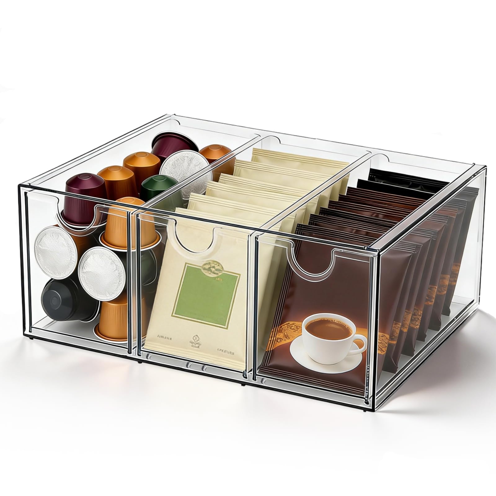 GWBPES Aufbewahrungsbox für Teebeutel mit Schubladen, Aufbewahrungsboxen 25.3×17.5×10.6 CM Ausziehbare Tee Aufbewahrung Stapelbarer Teebeutel Organizer Teeaufbewahrung Durchsichtig