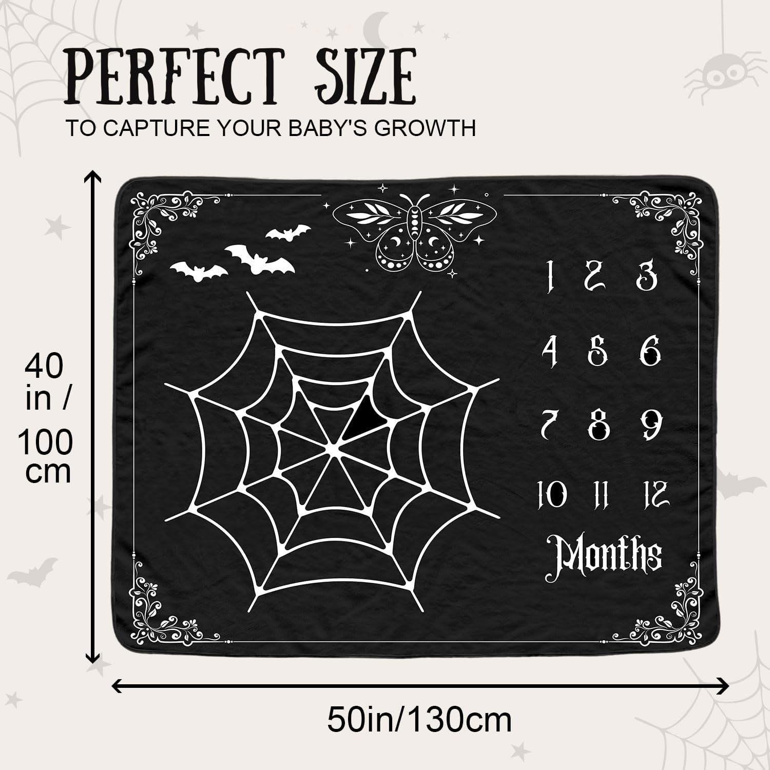 Gothic Baby Monthly Blanket for Boys, Goth Newborn Month Blanket, Soft Flannel Photography Background Prop, Moth Bat Halloween Personalized Shower Gift, Gothic
