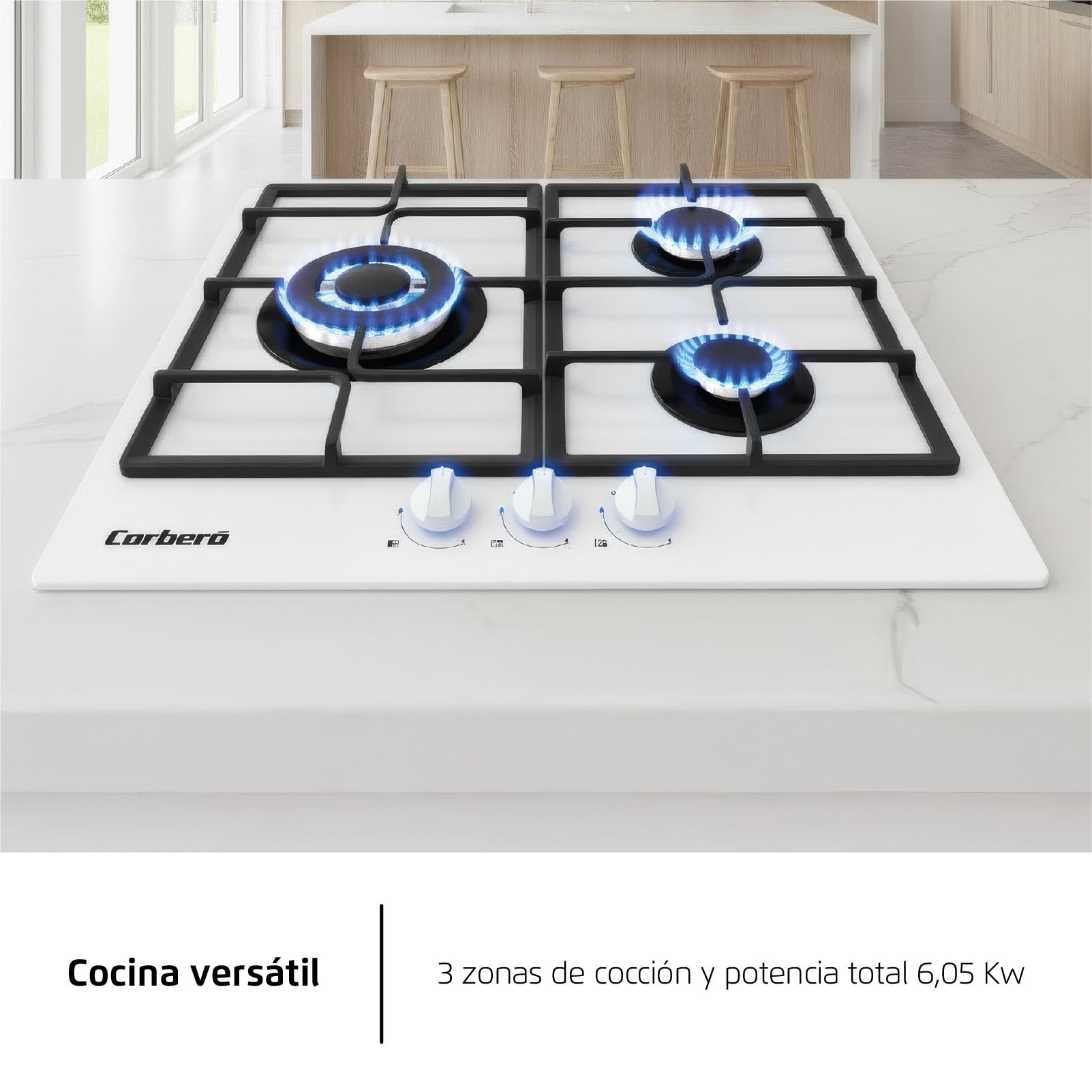 Corberó - Plaque gaz butane 60 cm | CPCGM3F3126W | Puissance 6,05 kW | 3 zones | Zone Wok | Auto-allumage | Couche de protection Clean+ | Arrêt automatique | Verre blanc