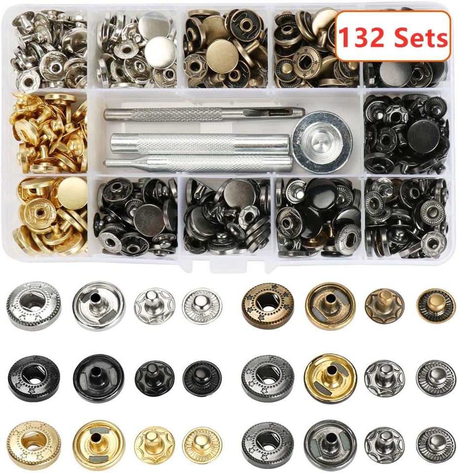 Atpot Snap Fasteners Kit, 132 Sets 12.5mm Metal Button Snaps Press Studs with 4 Fixing Tools, 6 Color Leather Snaps for Clothing, Leather, Jacket, Jeans Wear, Bracelets, Bags,DIY Craft