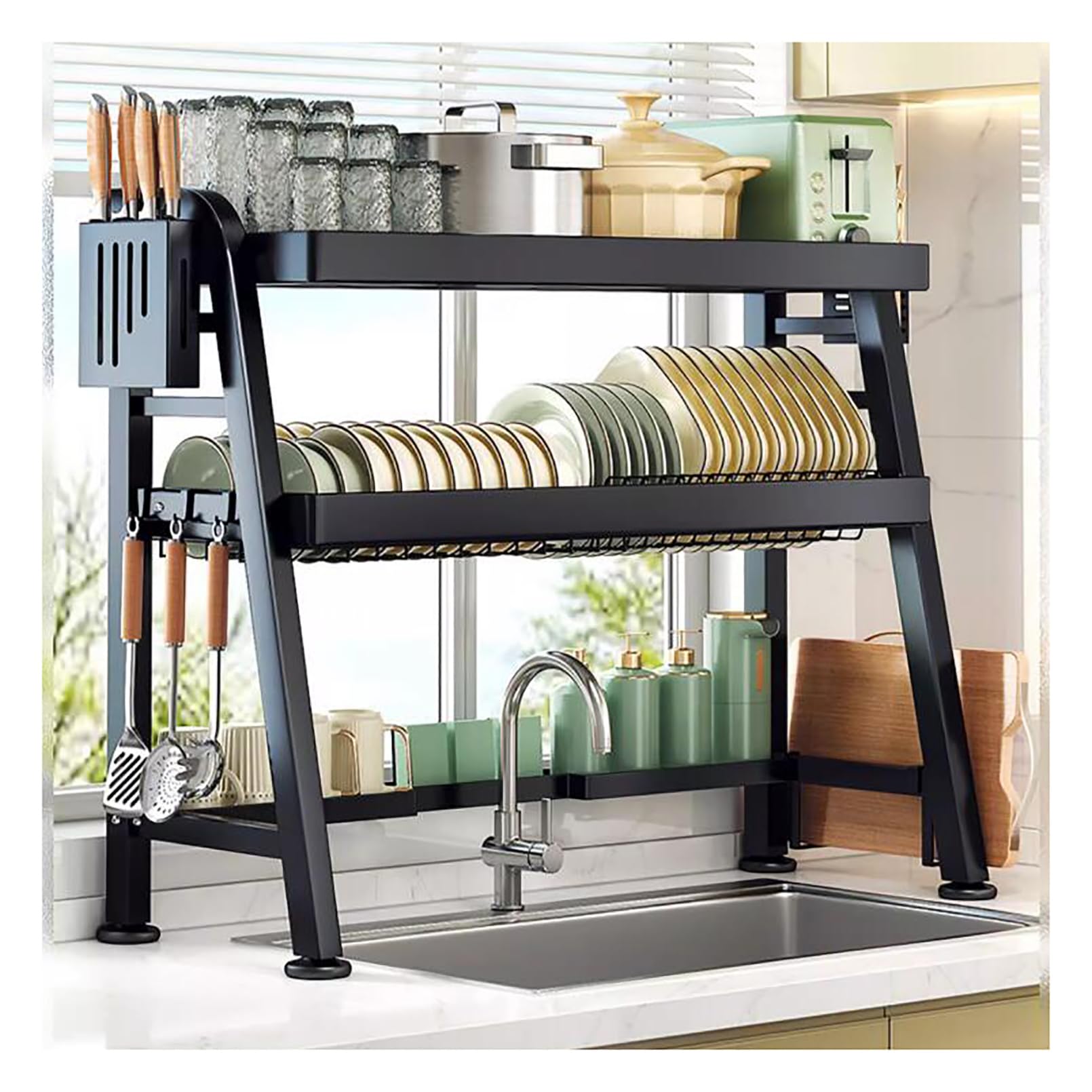 Escurridor de platos de 2 niveles sobre el fregadero, estante de cocina que ahorra espacio con estante, soporte para utensilios, cuchillo y soporte para tabla de cortar