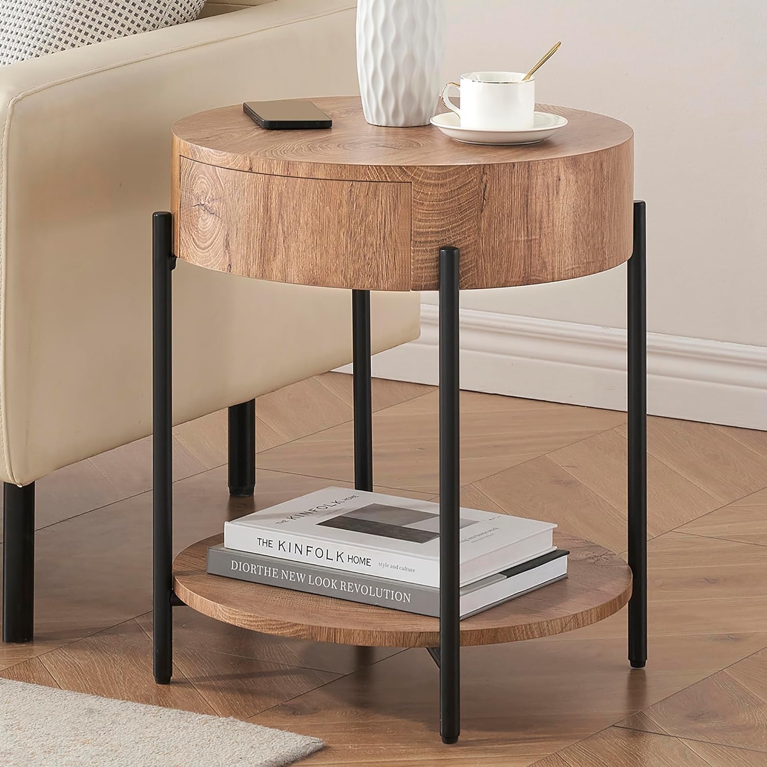 Table Basse Ronde 2 Niveaux avec tiroir et étagère Ouverte - Design Moderne en MDF Hydrofuge et Pieds métal - Idéale Salon/Chambre - 50x50x54,5 cm - Motif : Anneaux annuels
