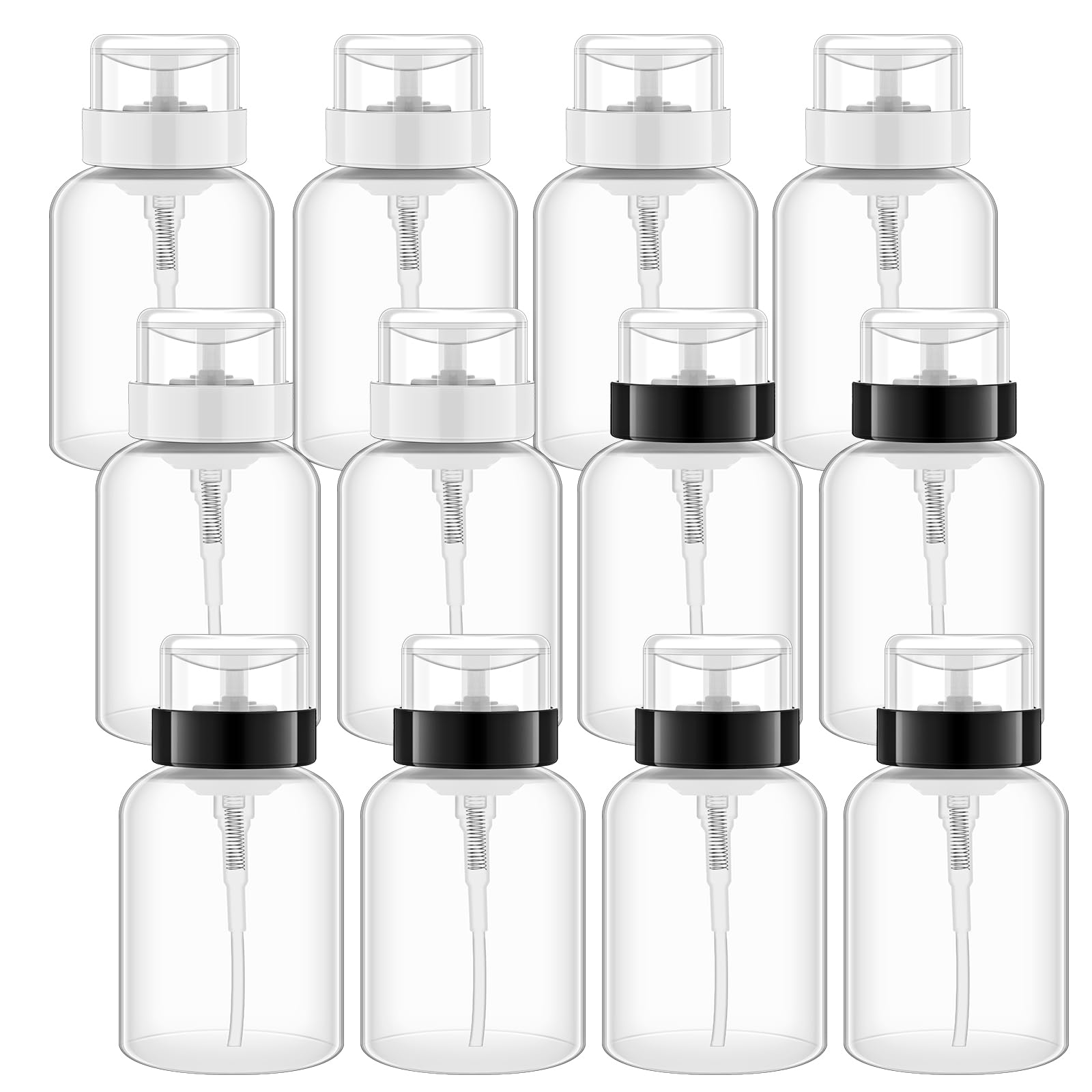 Yungyan 12 Pcs Pump Dispenser Bottle for Nail Polish 6.8 oz Push Down Pump Dispenser Empty Lockable Alcohol Bottles Containers for Makeup Remover, Alcohol, Acetone, Liquid, Travel, Black White Top Cap